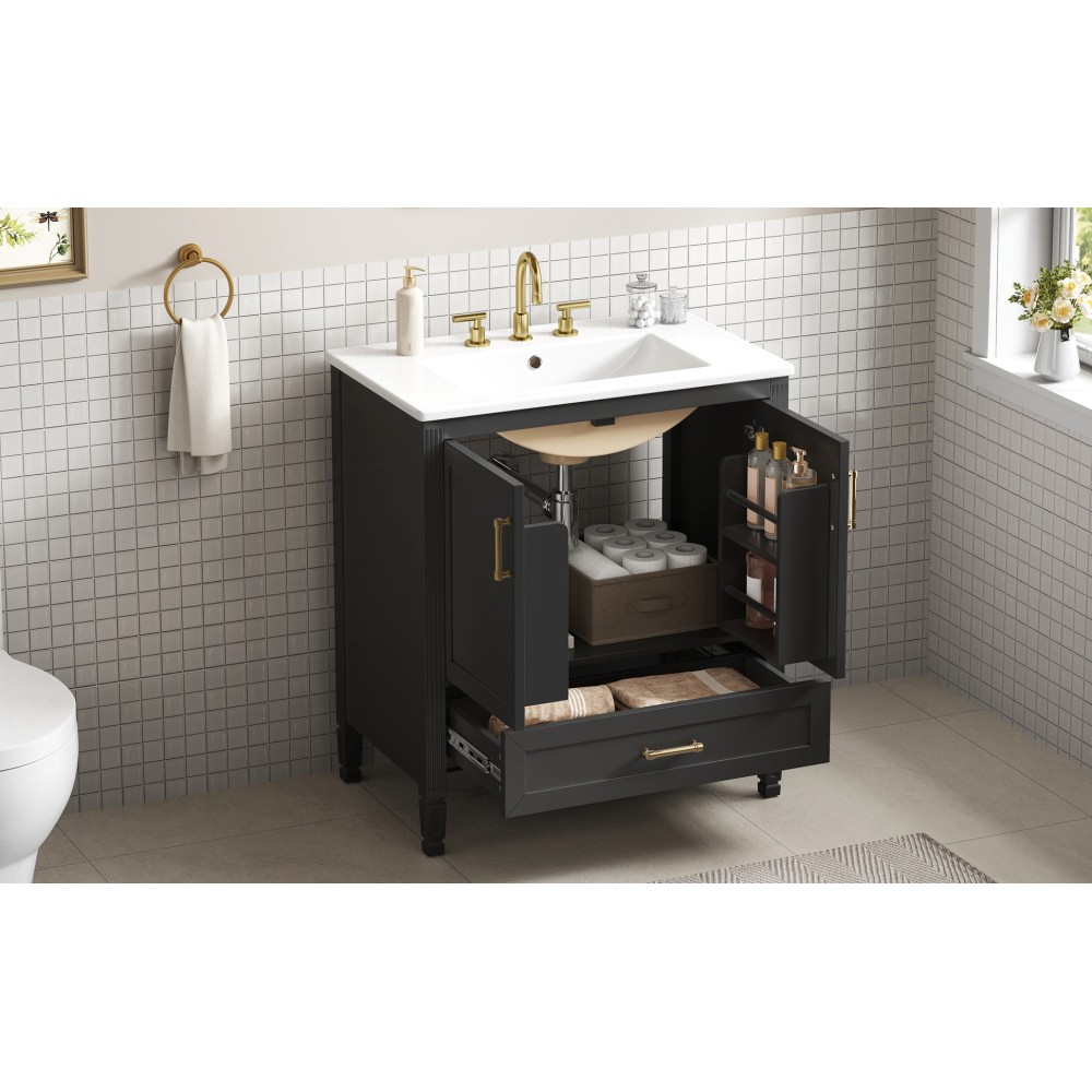 30 Inch Fluted Black Bathroom Vanity with Ceramic Sink Soft-Close Doors Drawer