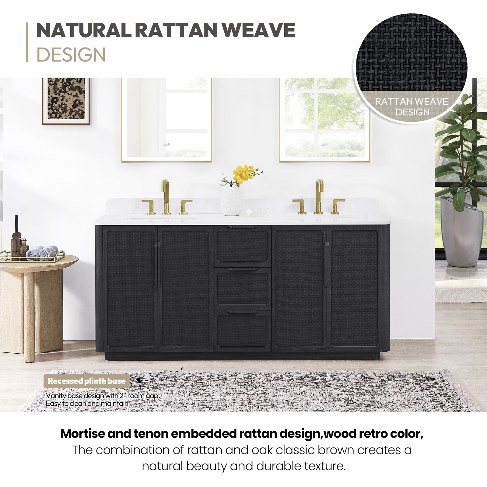 Busan 72″ Double Bath Vanity in Oak Classic Black with White Quartz Stone Top