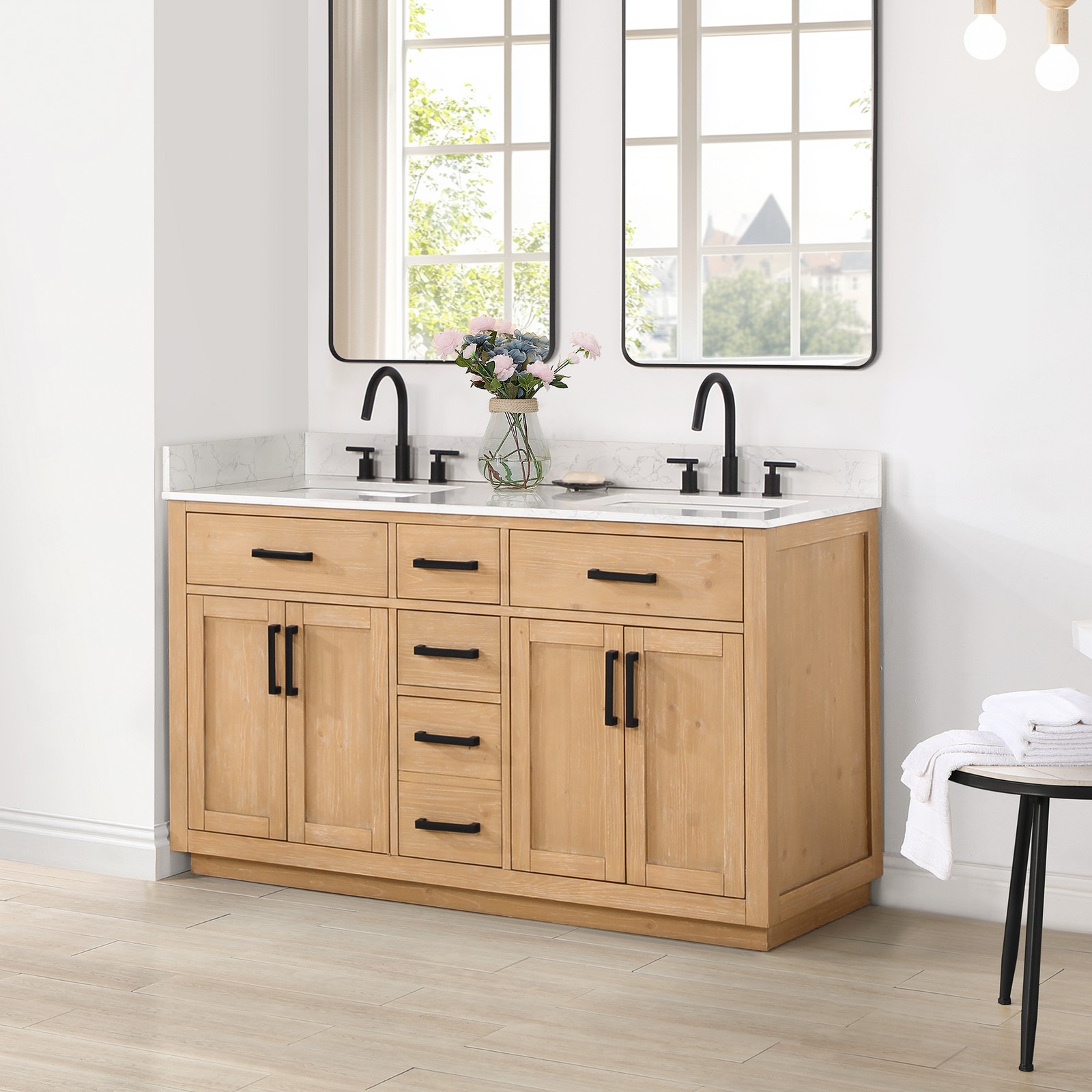 Gavino 60″ Wood Vanity in Light Brown with Composite Stone Top no Mirror