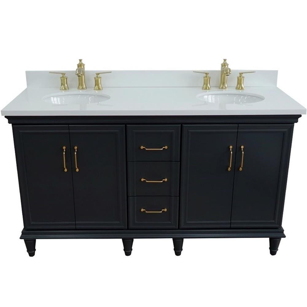 61 in. Double Wooden Vanity Dark Gray White Quartz Oval Sink