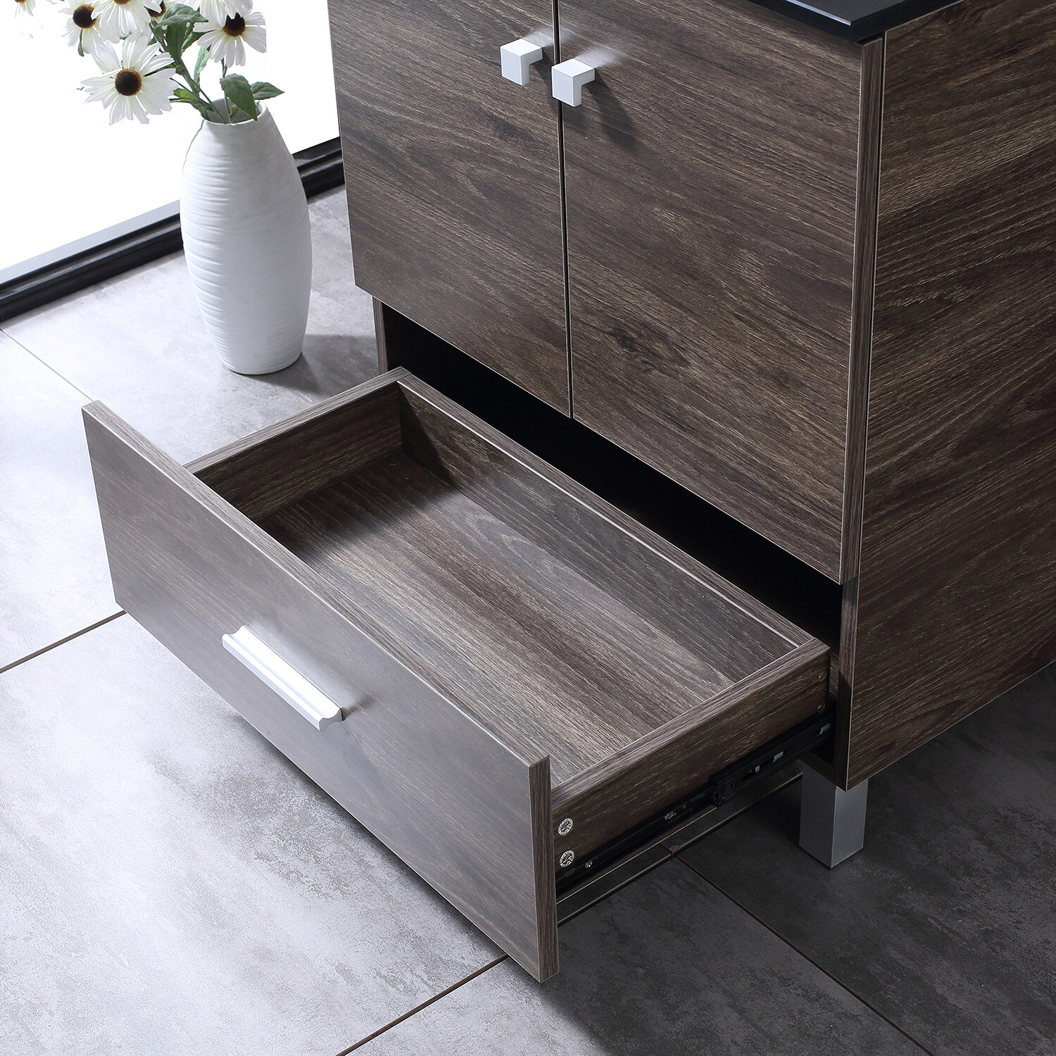 24″Bathroom Vanity Wood Cabinet White Ceramic Sink Bowl Basin Brown Mirror Combo