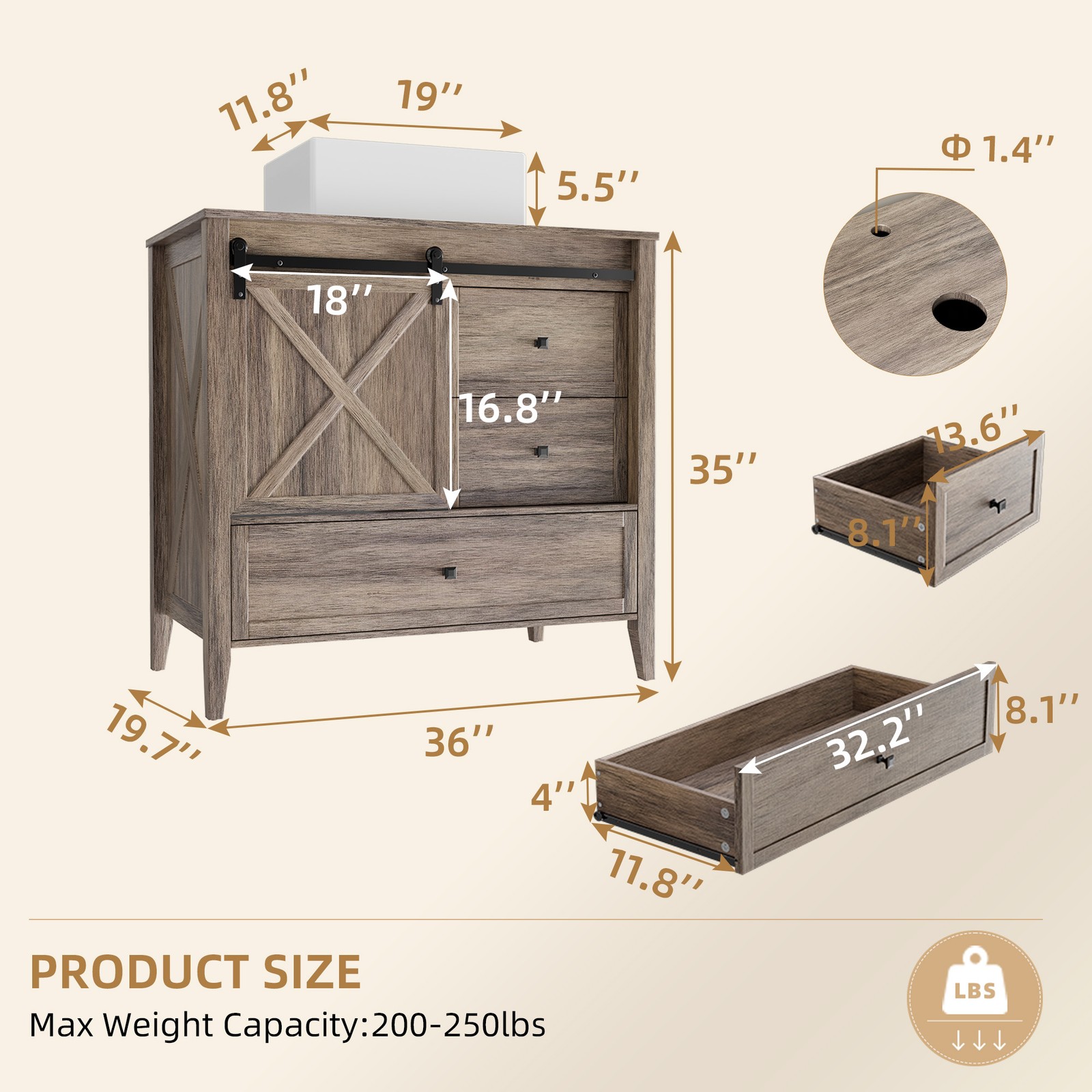 36 Inch Bathroom Vanity Cabinet With Ceramic Sink Sliding Barn Door Freestanding