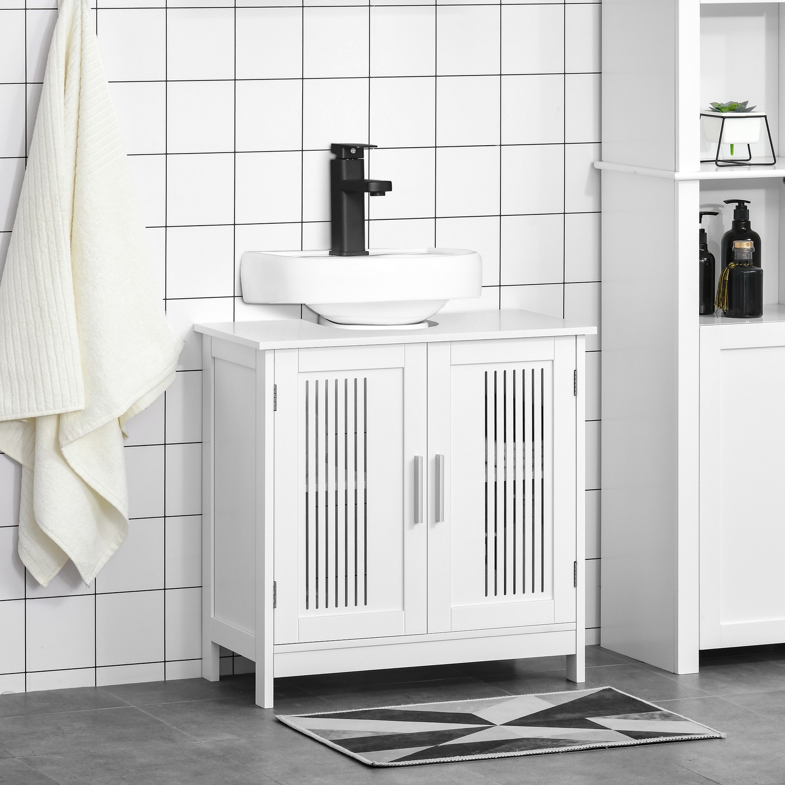 Modern sink cabinet under the sink, 2 doors, adjustable rack, white, MDF + metal