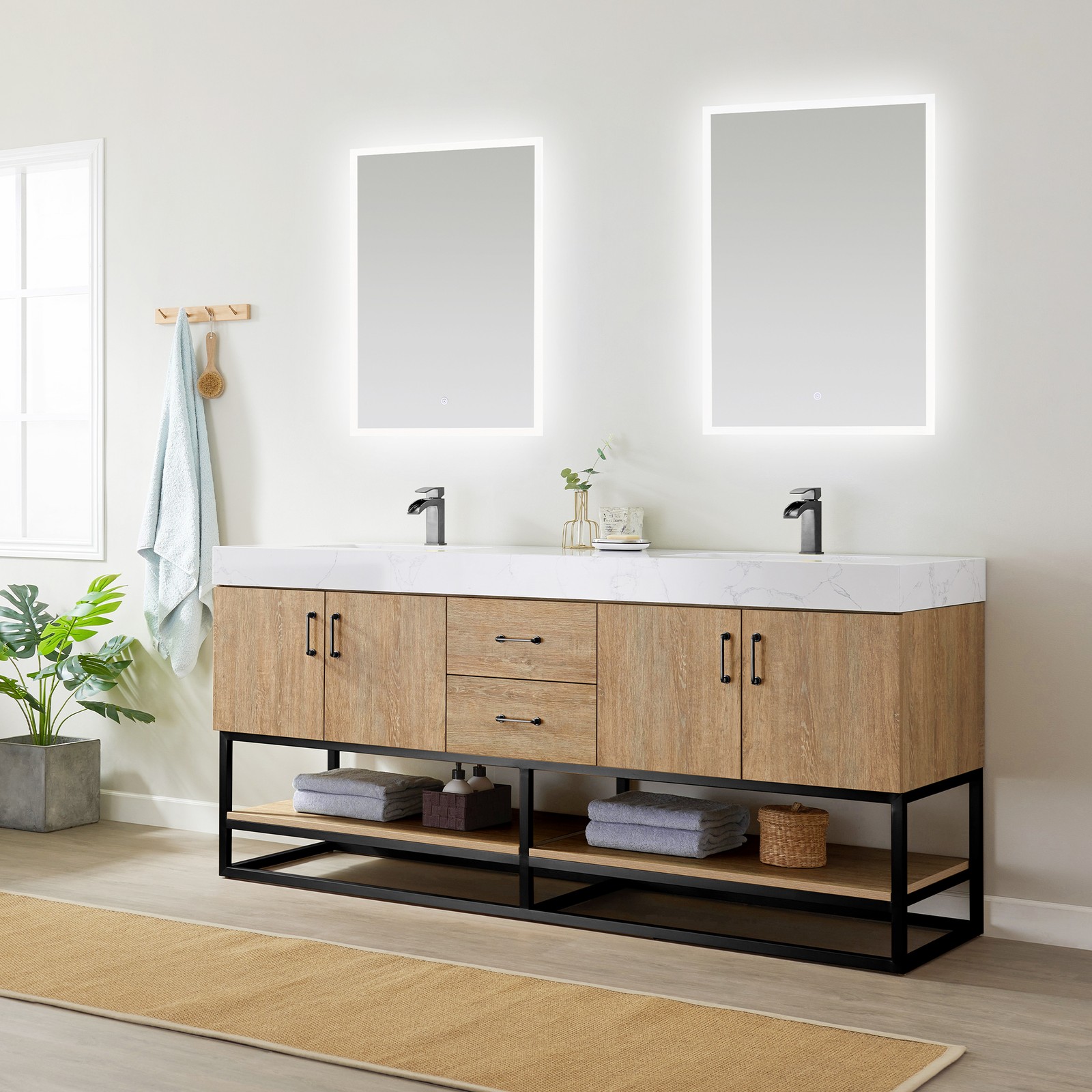 Vinnova Alistair 72″ White Stone Top Oak Double Vanity Black Frame w/o Mirror
