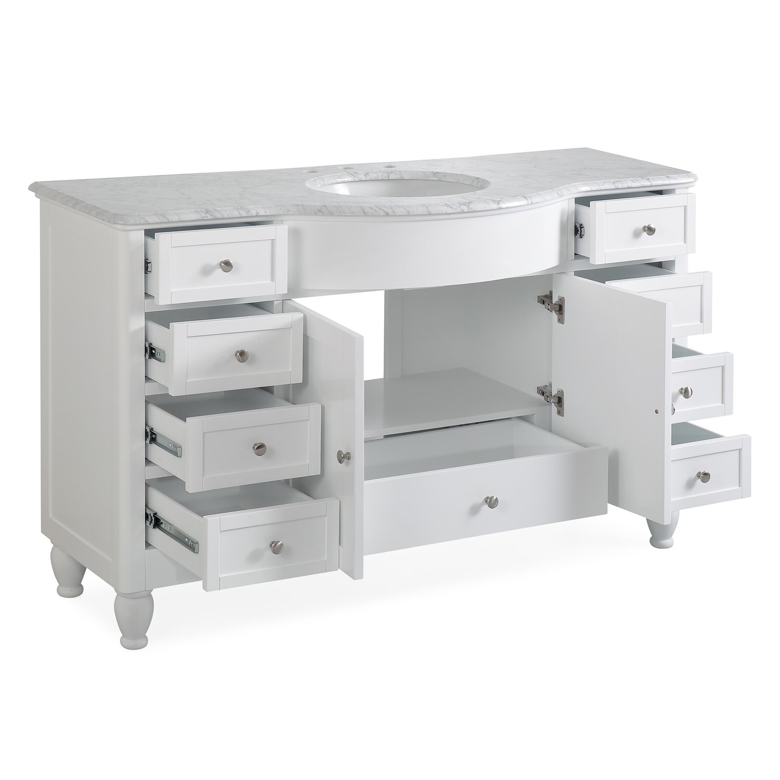 58″ White Curved Front Single Bathroom Sink Vanity Single Bowl Stone Top Cabinet