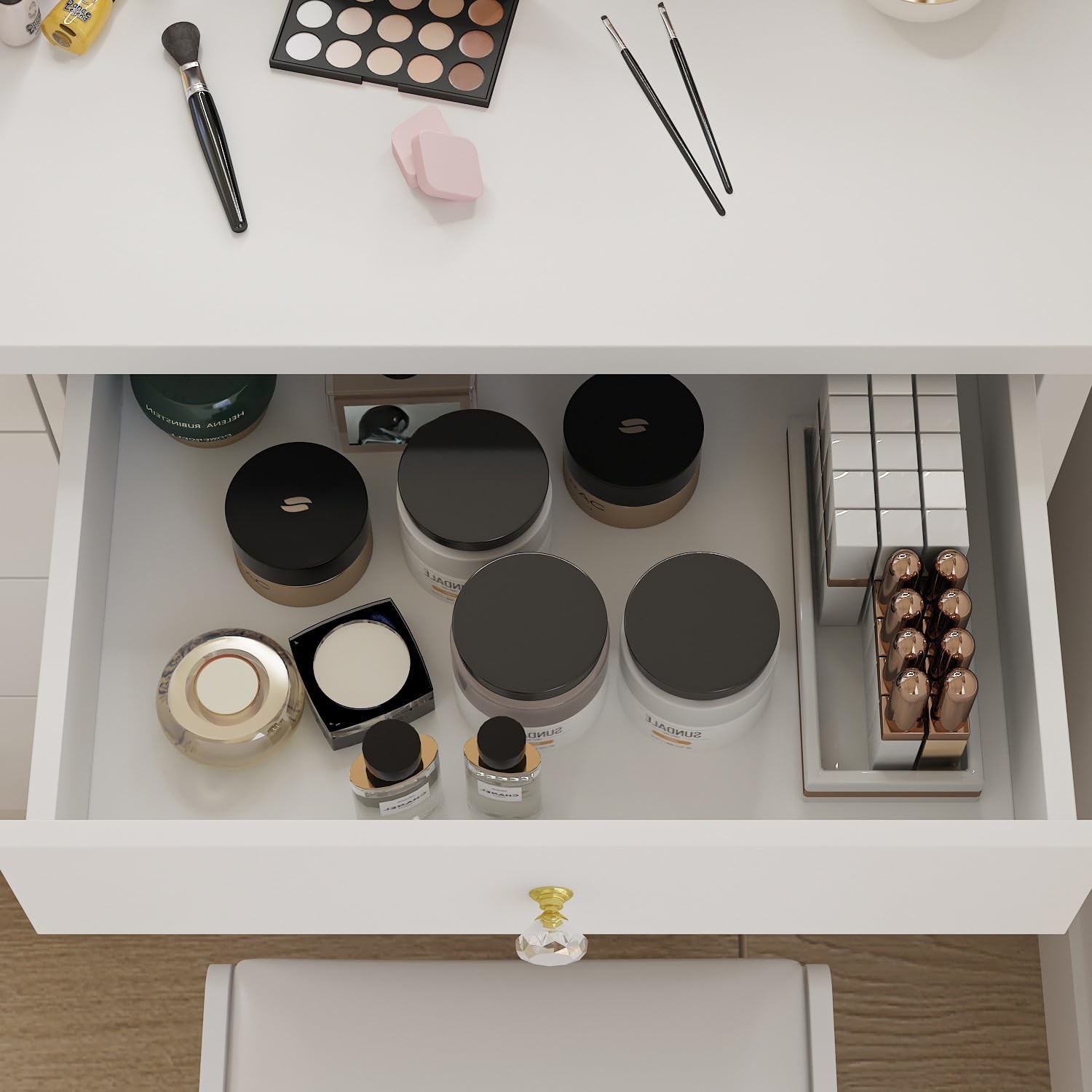 White Vanity Set Round Lighted Mirror Dressing Table 5 Drawers Shelves Stool