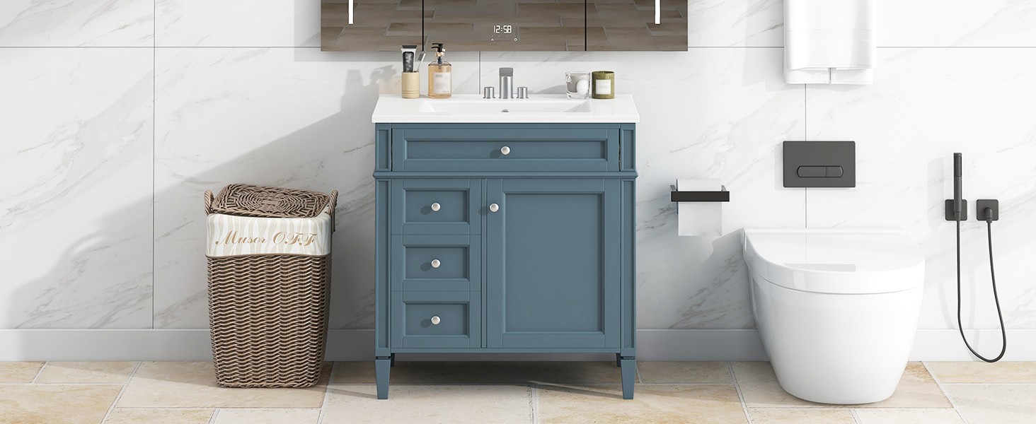 30″ Bathroom Vanity with Top Sink, 2 Drawers & Tip-Out Drawer