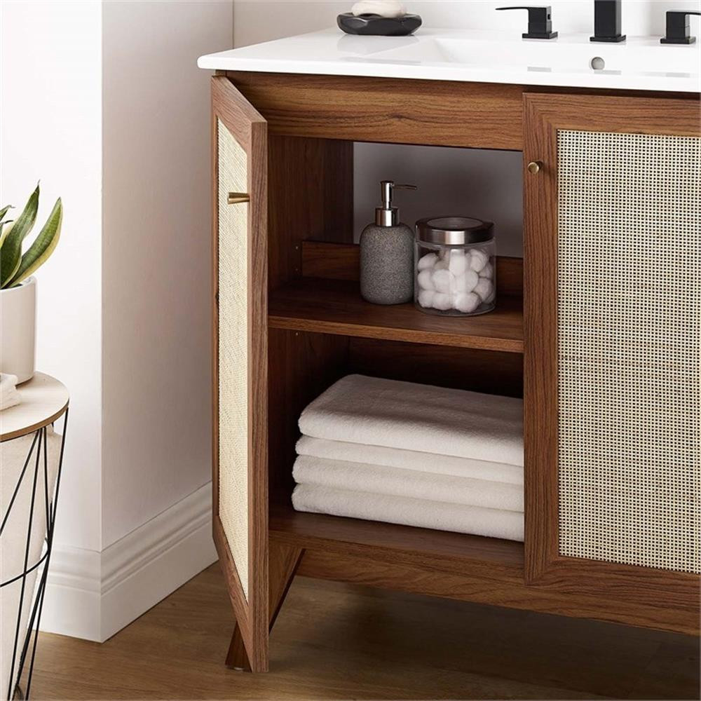 Modway Soma 36″ Modern Wood Bathroom Vanity with Rattan Door in Walnut/White