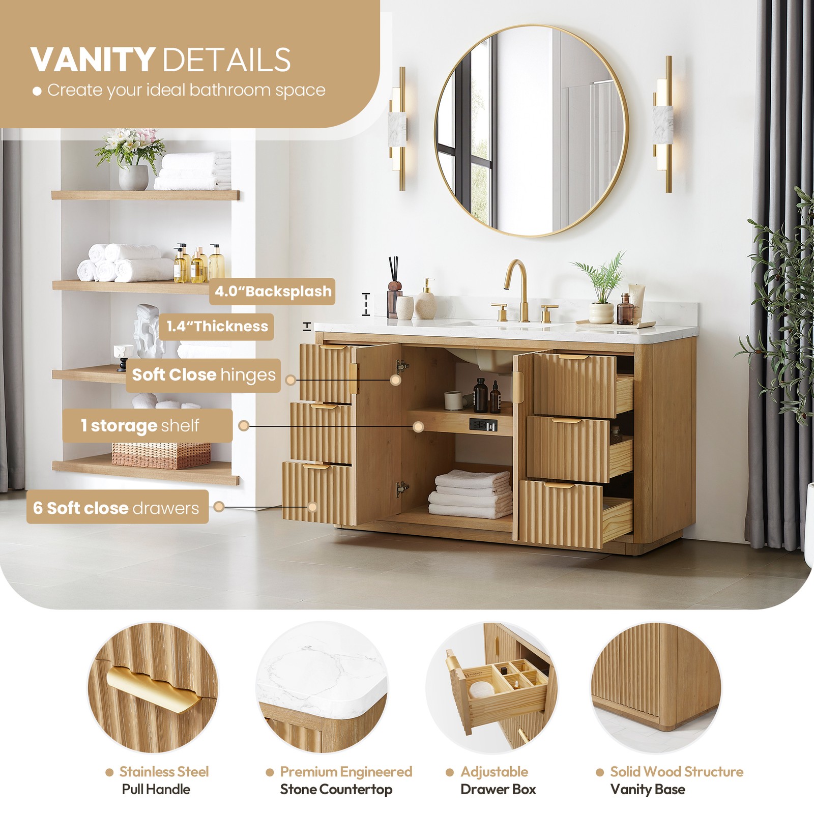 Cadiz 60″ Single Bathroom Vanity in Washed Ash Grey with Composite Stone Top