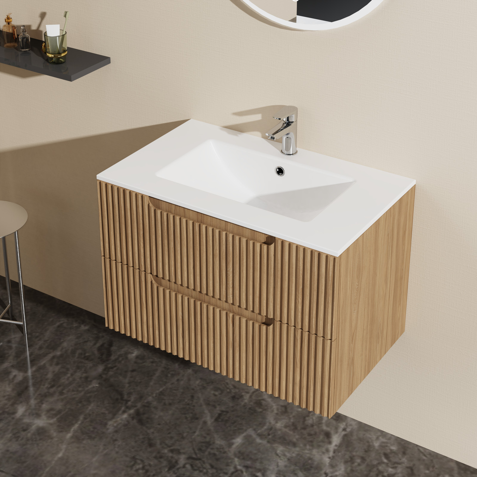 Wall Mounted Bathroom Vanity 30″W x 18.5″D x 19″H, Walnut, 2 Drawers, Soft-Close