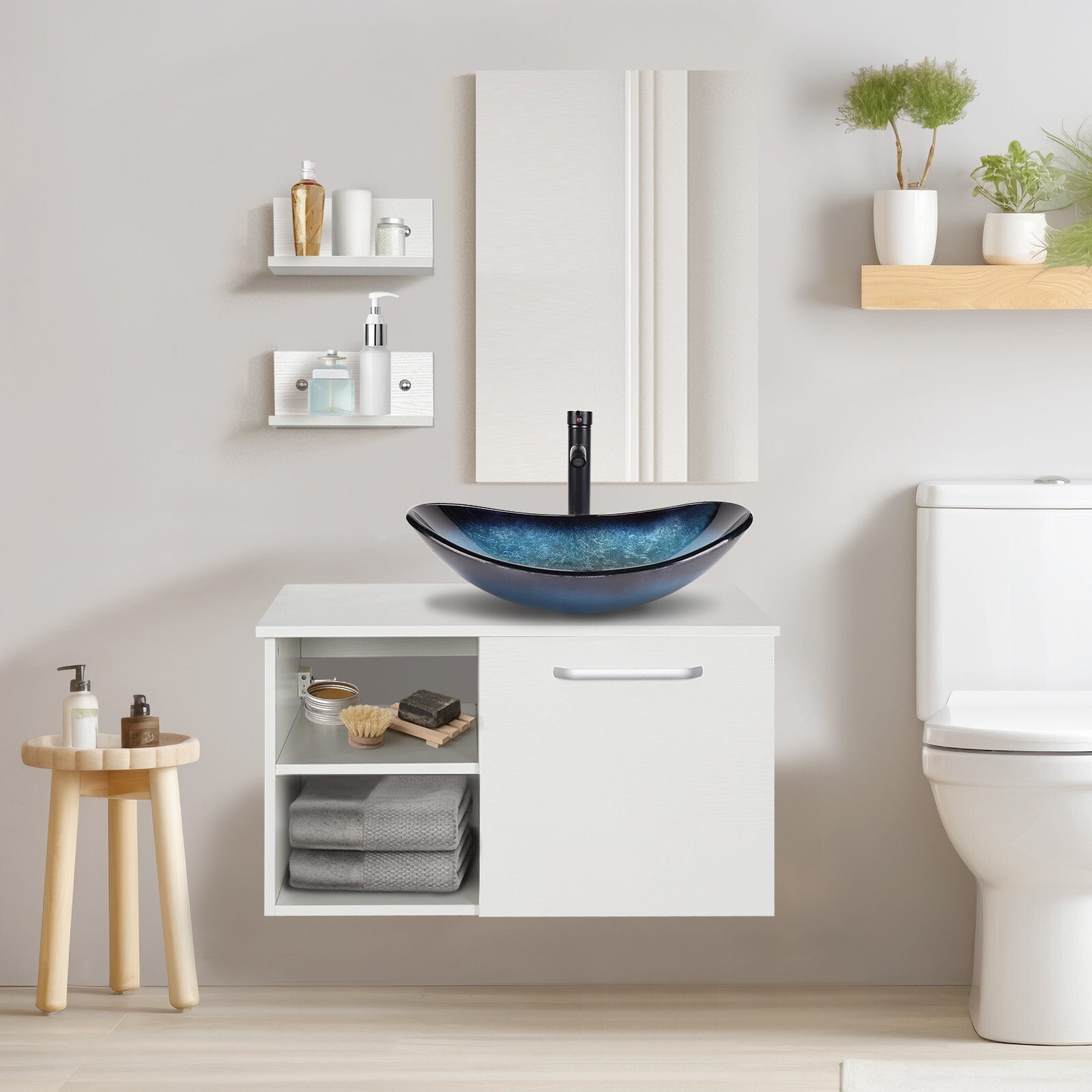 28 in Single Sink Vanity Floating Bathroom Cabinet with Glass Vessel Sink Combo