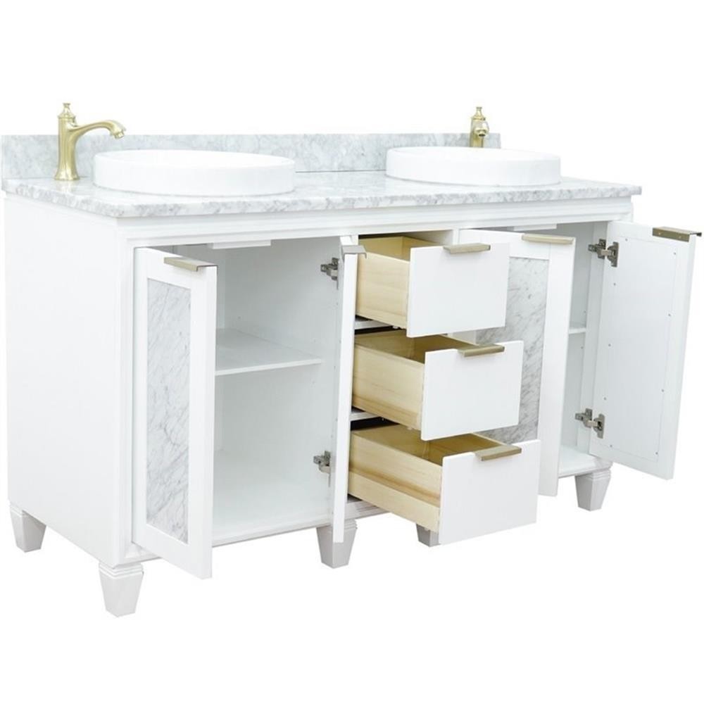 Pemberly Row 61″ Double Round Sink Solid Wood Vanity in White/White Carrara