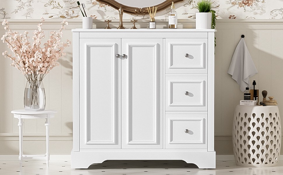 36″ White Transitional Bathroom Vanity with Ceramic Sink