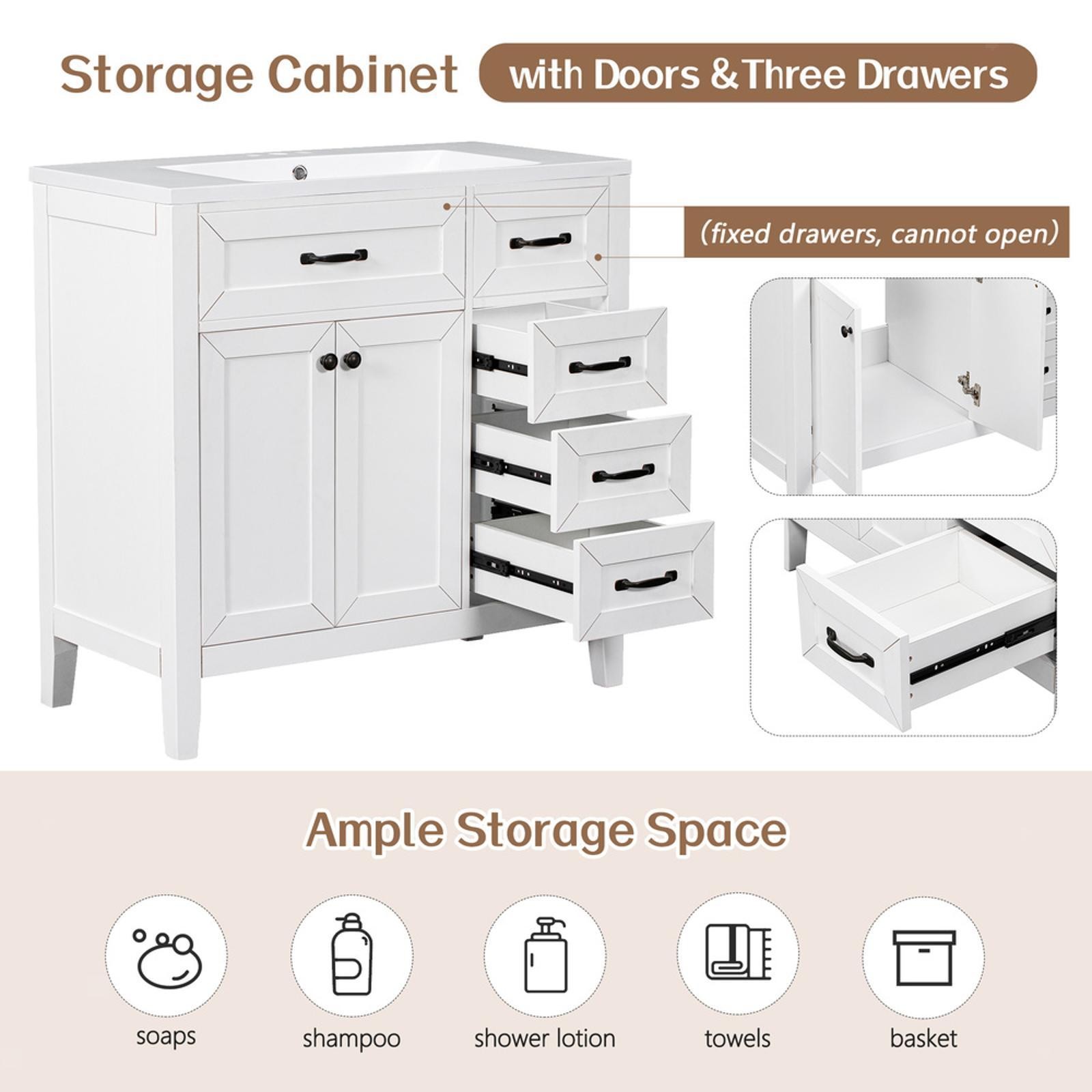 Freestanding 36″ Bathroom Vanity with Smooth Ceramic Sink, White Cabinet with
