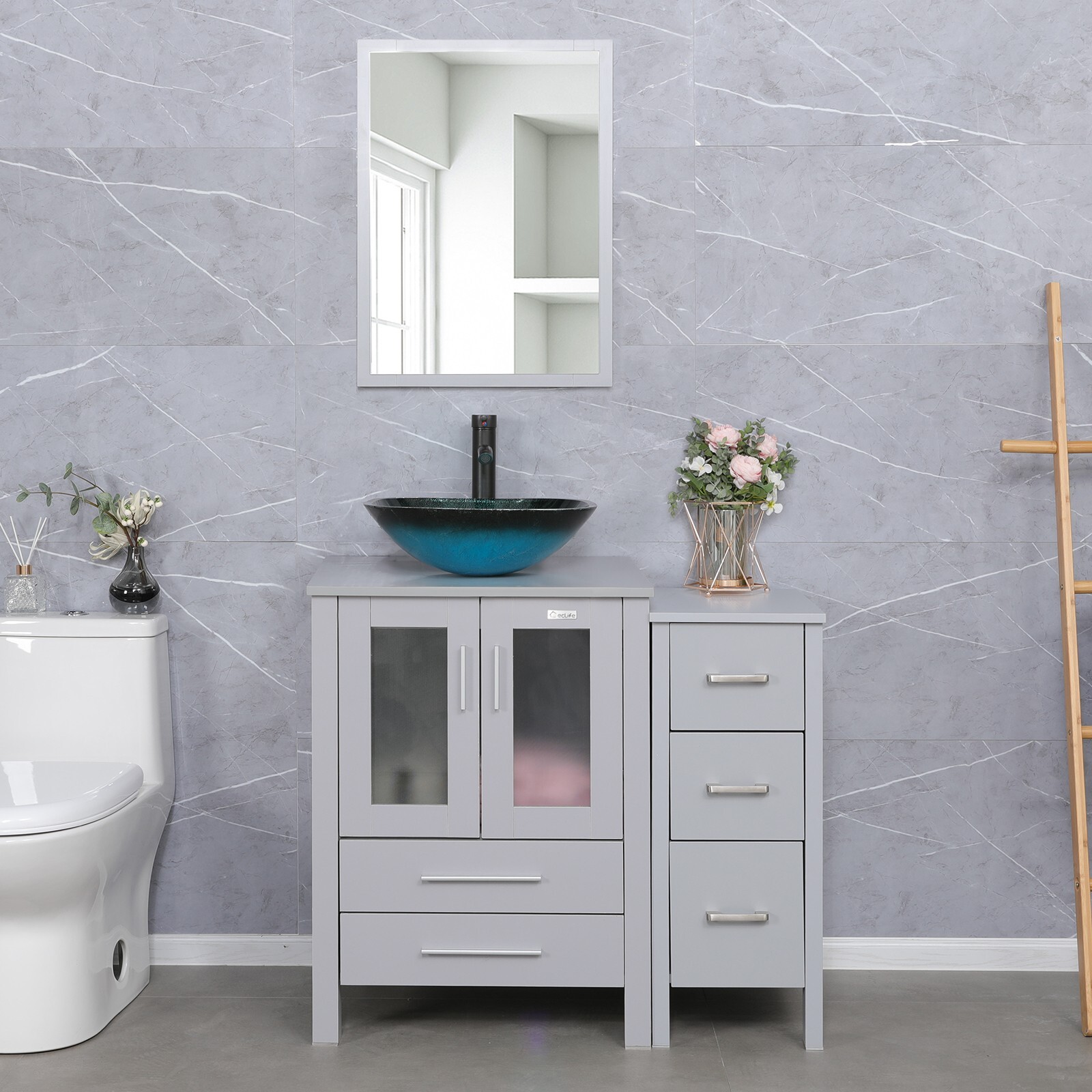 36″ Bathroom Vanity Set Gray Tempered Glass Vessel Sink Faucet Combo No Mirror