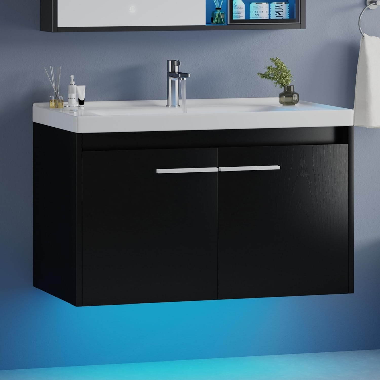4Ever2Buy 31″ Black Floating Vanity w/ Sink LED Light 2 Doors