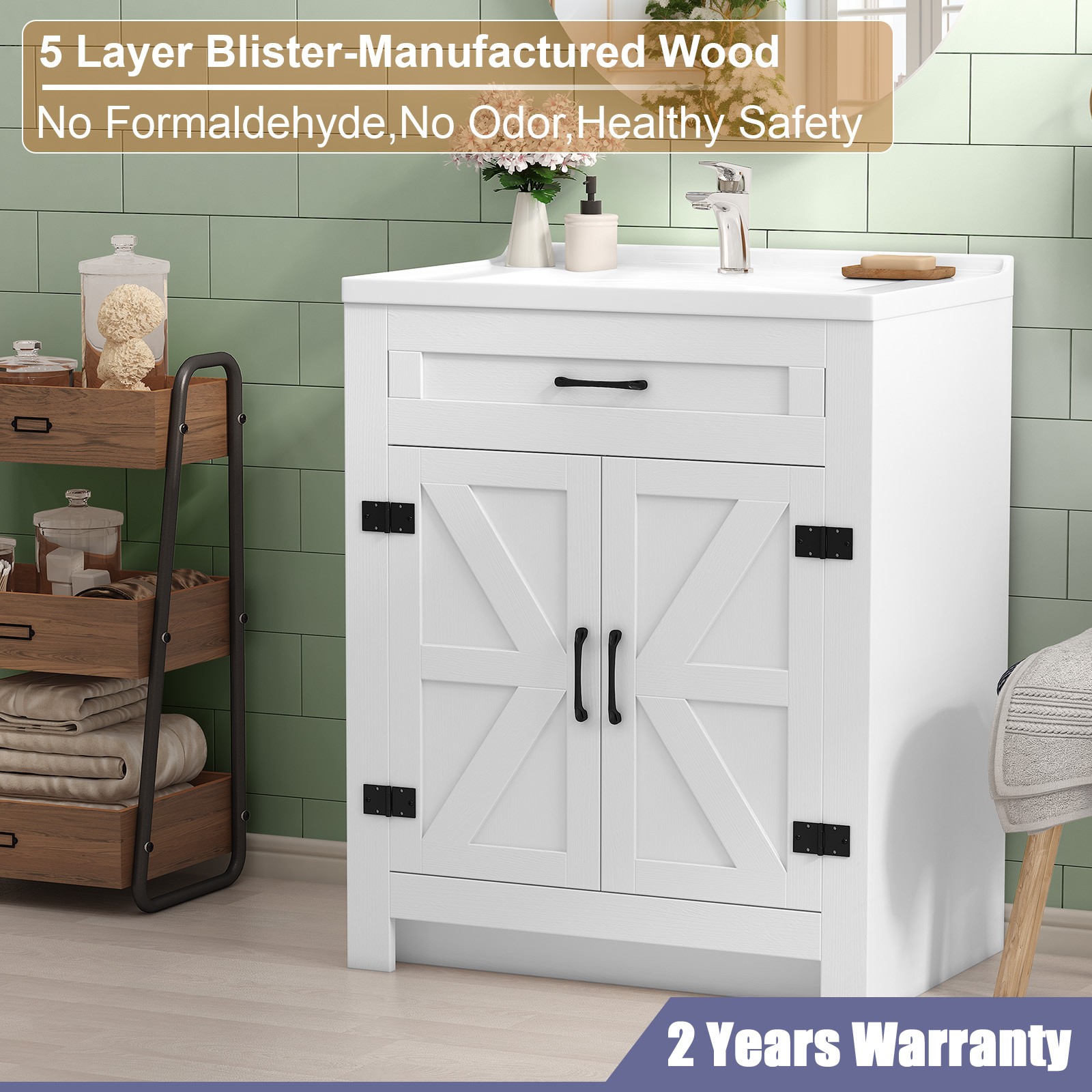 31 Inch Bathroom Vanity Cabinet Ceramic Sink Double Doors Storage Cabinet