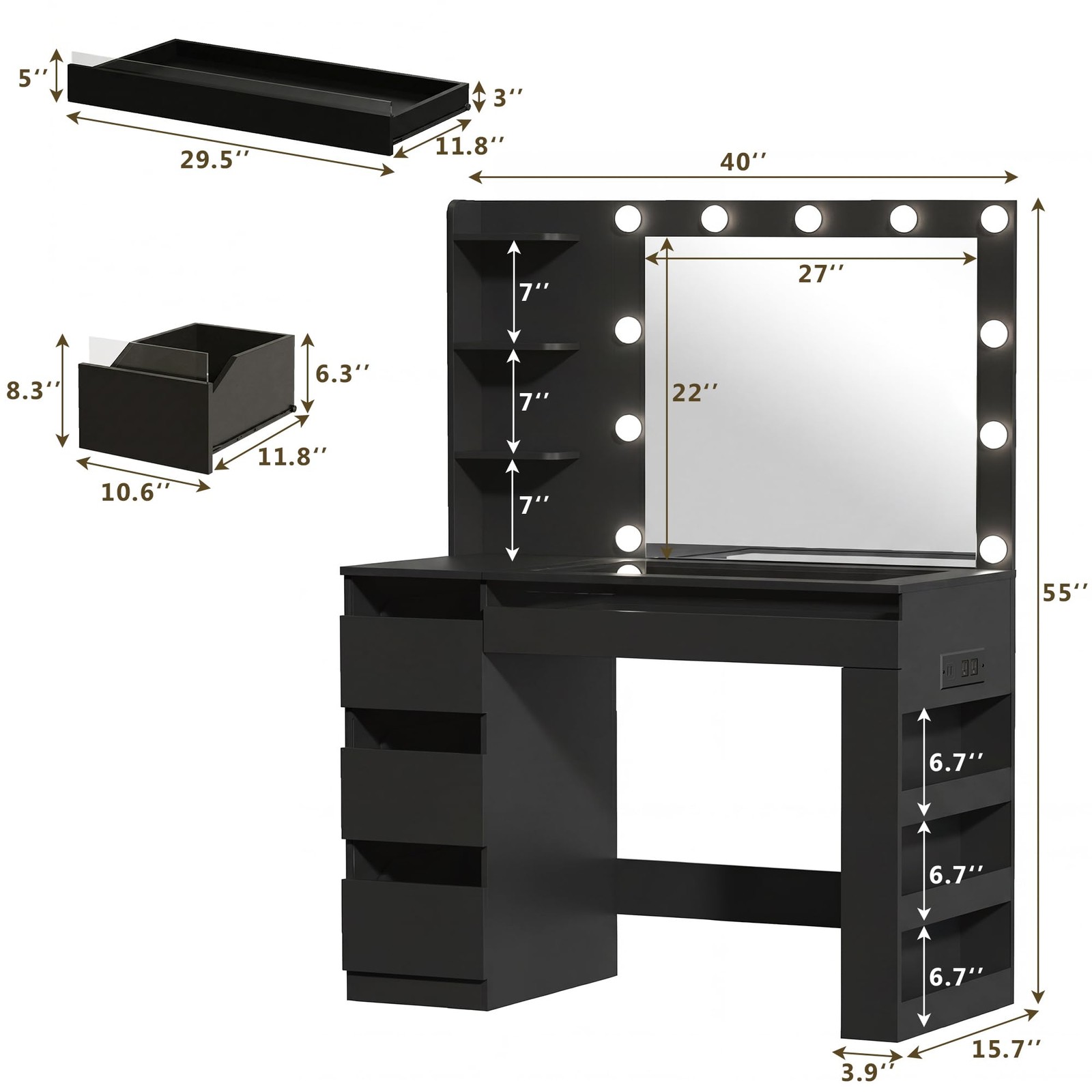 Vanity Desk Lighted Mirror Transparent Drawers RGB Power Outlet Storage Bedroom