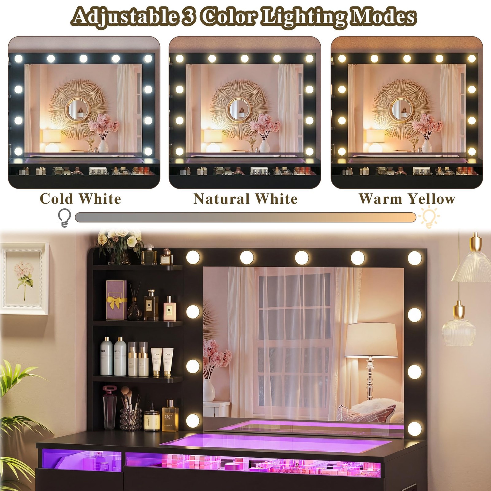 Vanity Desk Lighted Mirror Transparent Drawers RGB Power Outlet Storage Bedroom