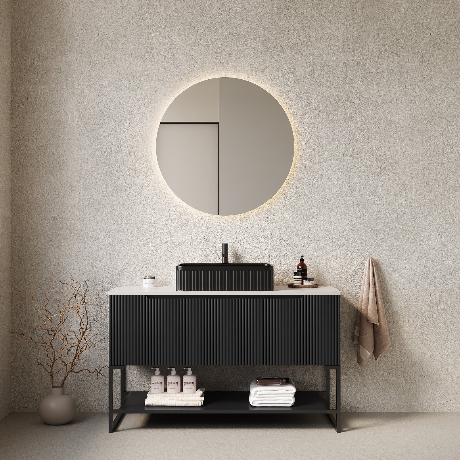 48″ Bathroom Vanity with Sink Vessel Basin Sintered Stone Countertop Black