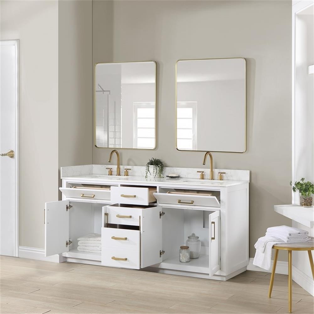 Gavino 72″ Wood Vanity in White with Grain White Composite Stone Top and Mirror
