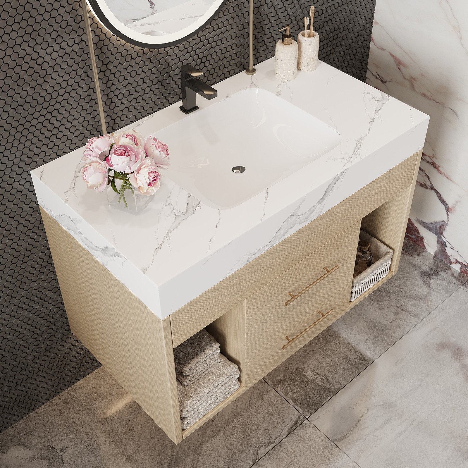 29.9″ Floating Bathroom Vanity with Sintered Stone Top & Ceramic Sink