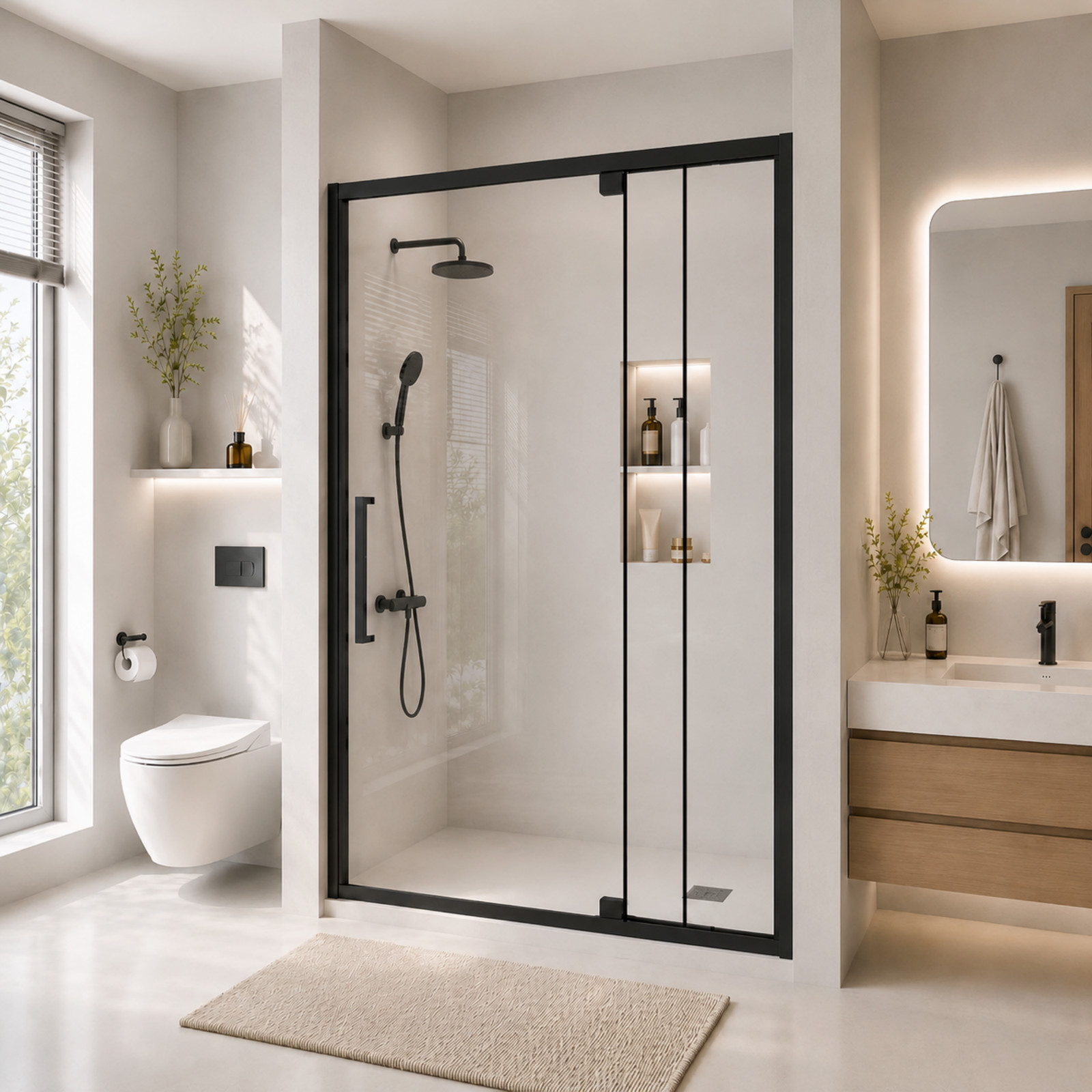 Semi-Frameless Pivot Hinged Glass Shower Door 56-60″ W x 72″ H Matte Black
