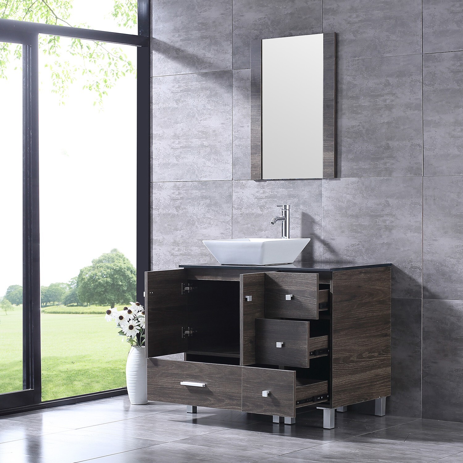 36inch Bathroom Vanity Single Cabinet 4 Ceramic Sink w/Black Glass Top Set Brown