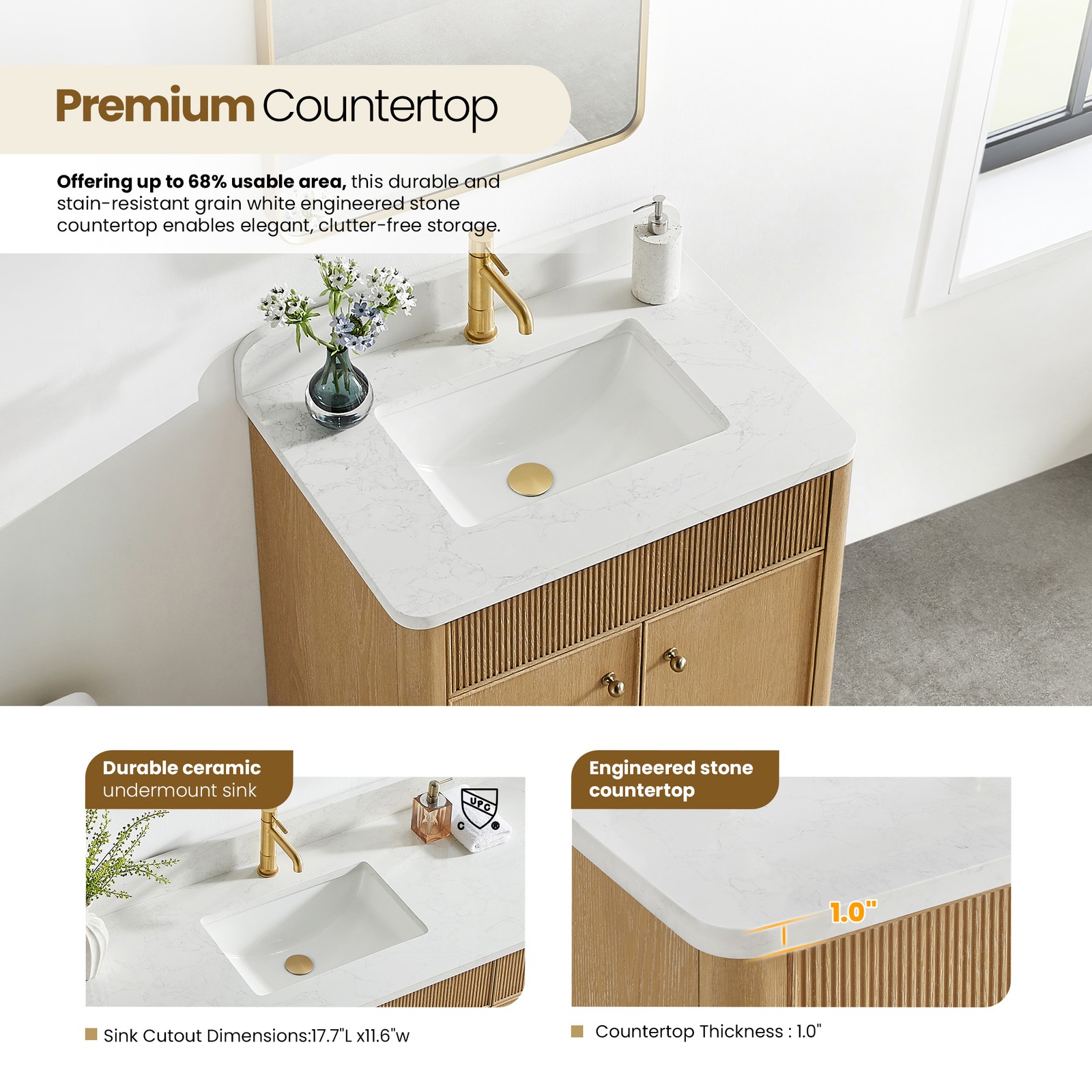 Zogno 30″ Solid Wood Single Bath Vanity in Washed Ash Gray with White Stone Top