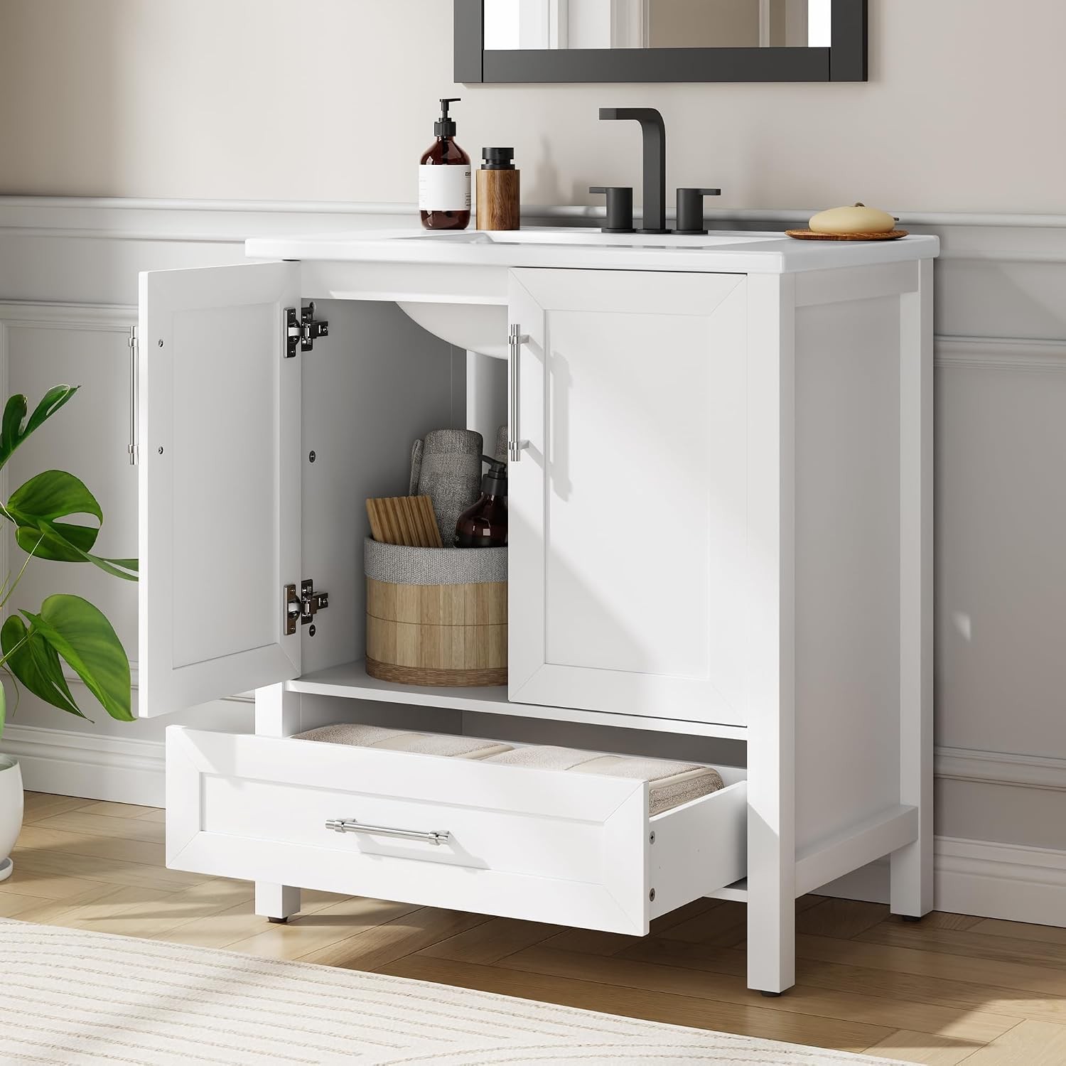30” Freestanding Bathroom Vanity Modern Bath Storage Cabinet White with Drawer