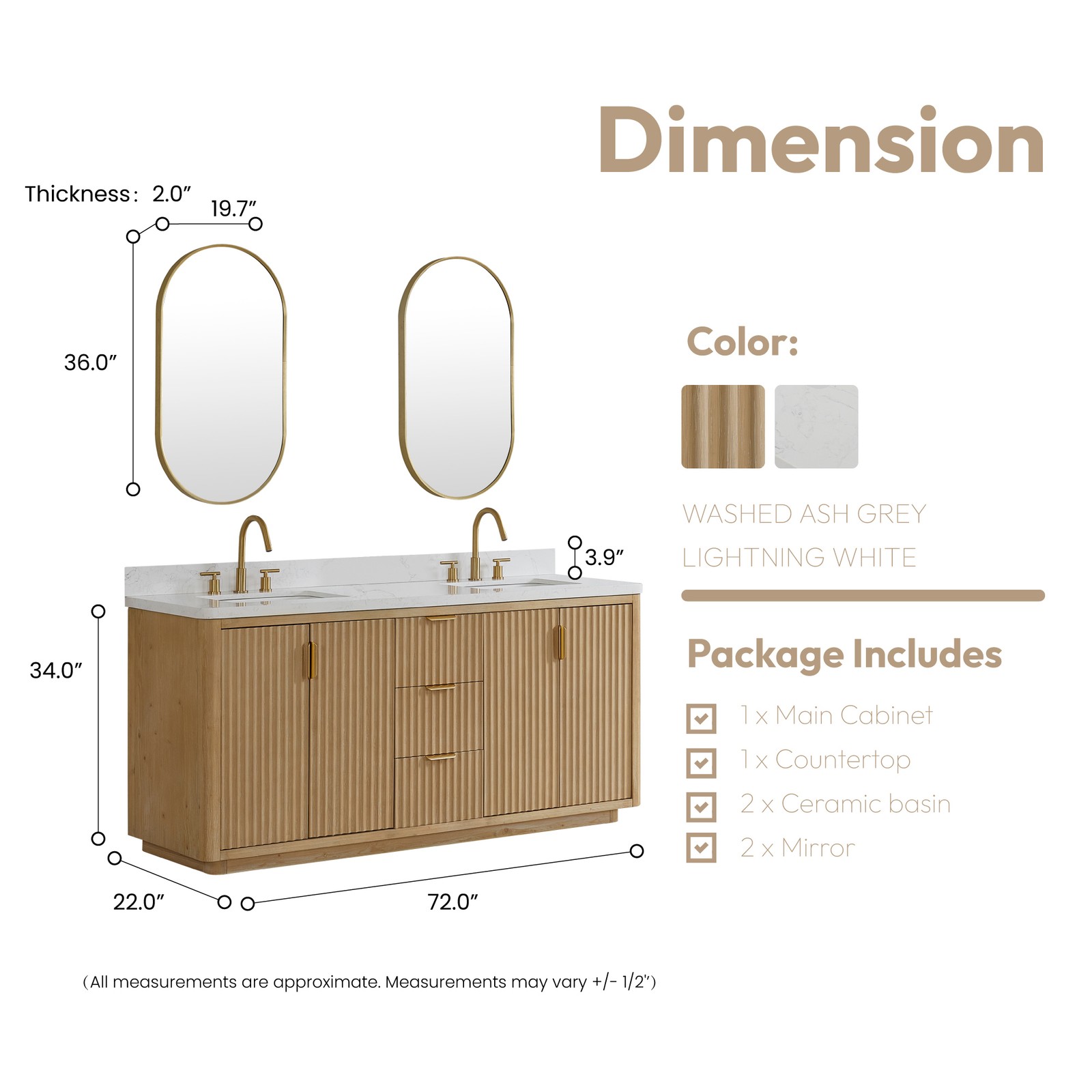 Cadiz 72″ Double Bathroom Vanity in Washed Ash Grey w/Lightning White top&Mirror