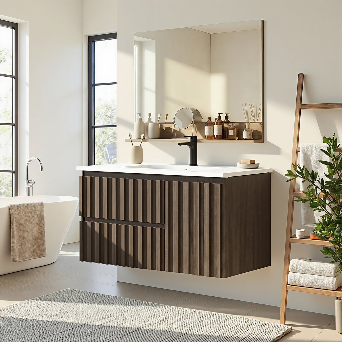 36″ Floating Bathroom Vanity with Ceramic Sink Wall Mounted Soft Close Drawers