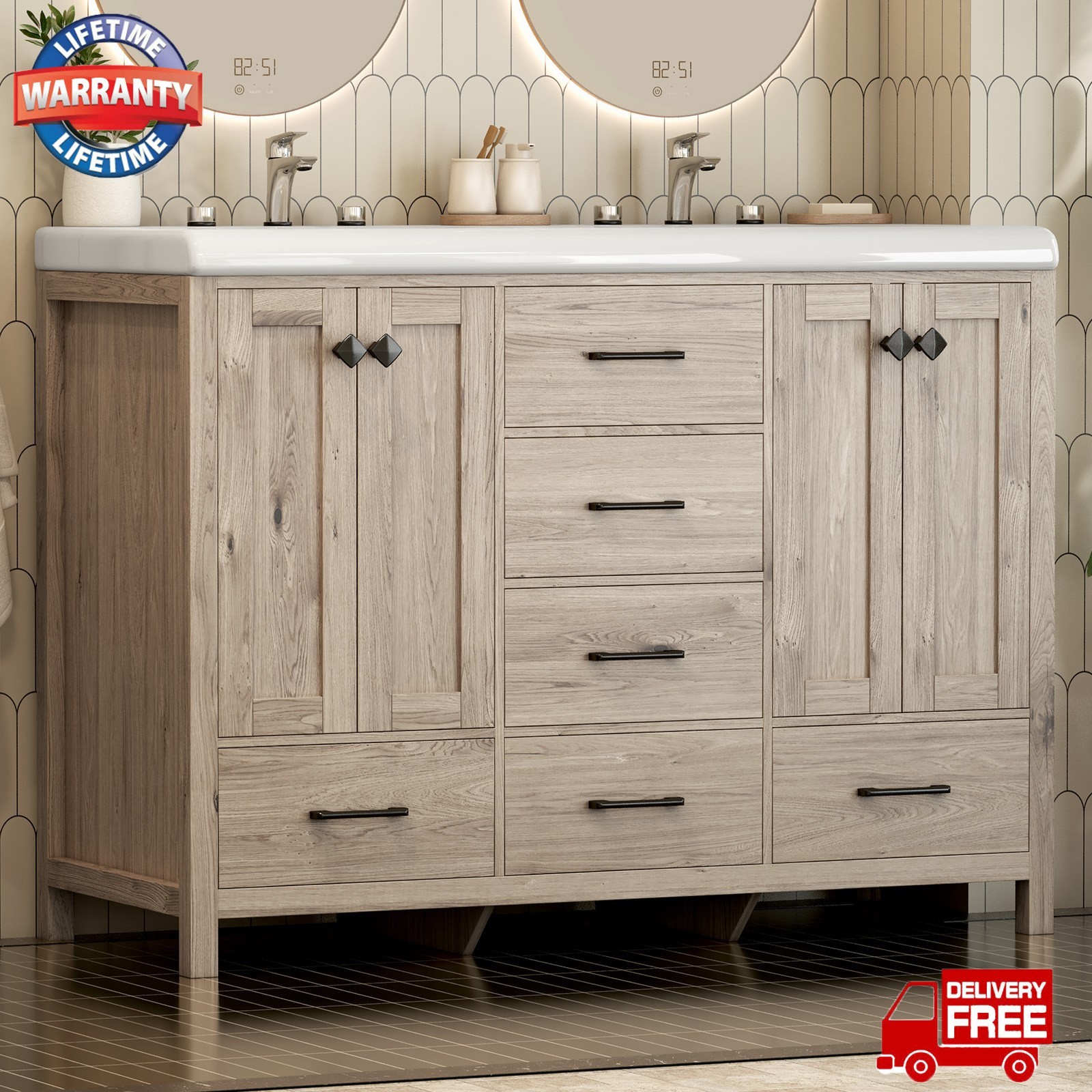 46.7″ Bathroom Vanity Double Sink Ceramic Freestanding Cabinet Wood Grain Modern