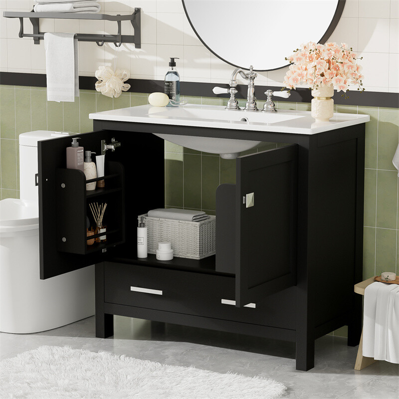 36″ Black Bathroom Vanity with Ceramic Sink Bathroom Cabinet with Ample Storage