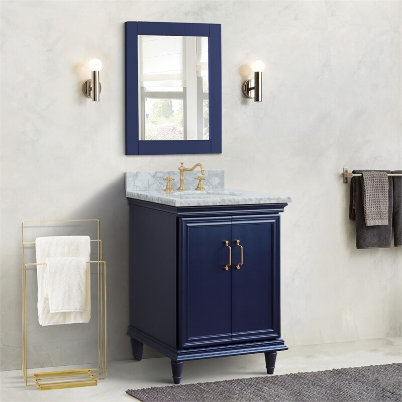 25 in. Single Wooden Vanity Blue with White Carrara Oval Sink