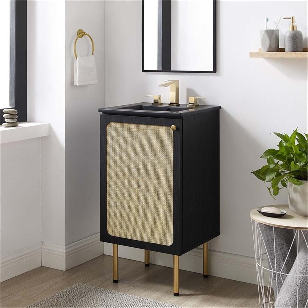 Modway Chaucer 18″ Wood & Rattan Bathroom Vanity with Adjustable Shelf in Black