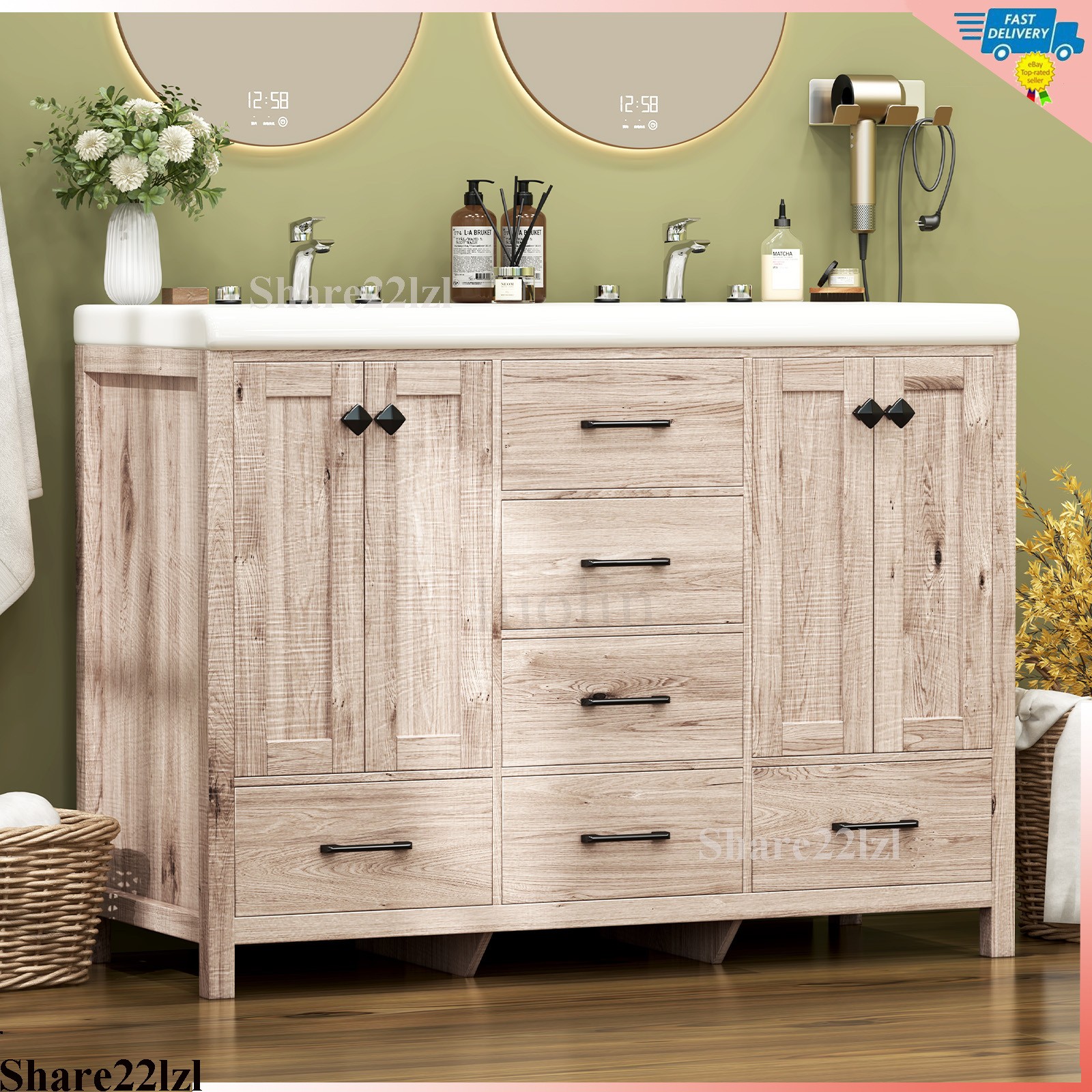 47inch Bathroom Vanity Retro Bathroom Storage Cabinet with Ceramic Sink Wooden