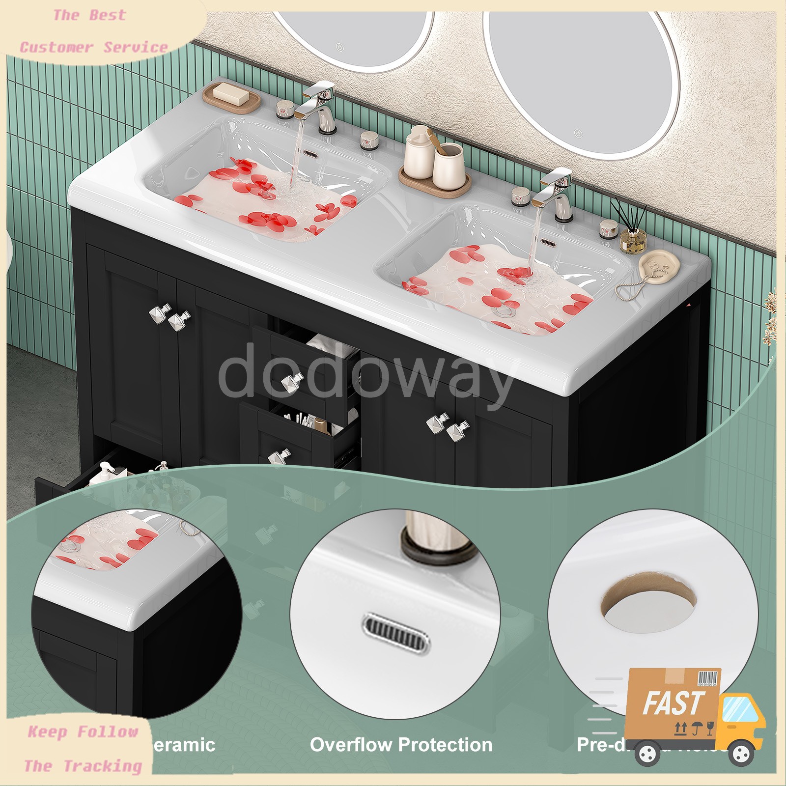 Modern 47″ Double Sink Vanity Freestanding Ceramic Bathroom Cabinet Black
