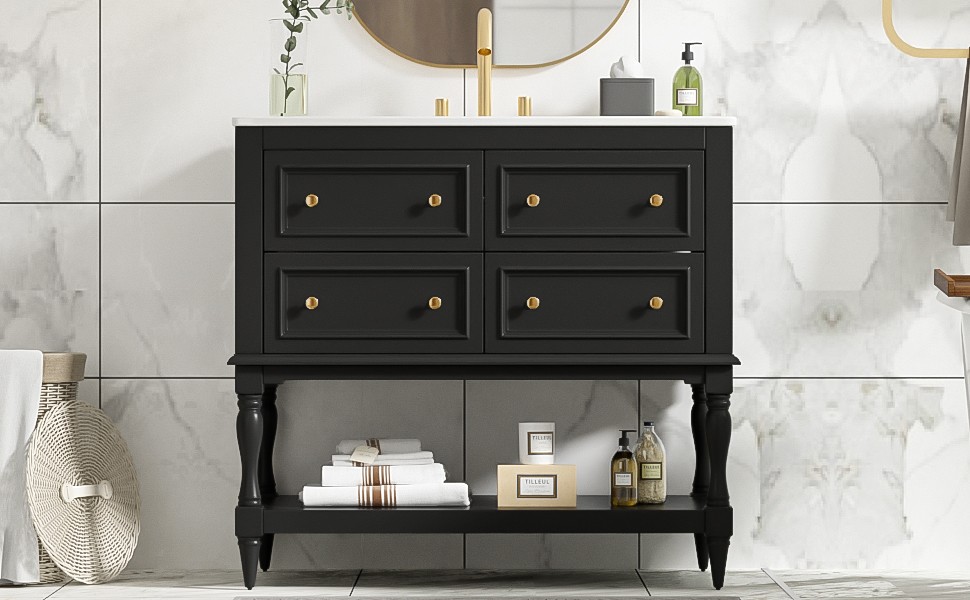 36″ Bathroom Vanity Cabinet with Sink Combo Set, 4 Drawers, Black