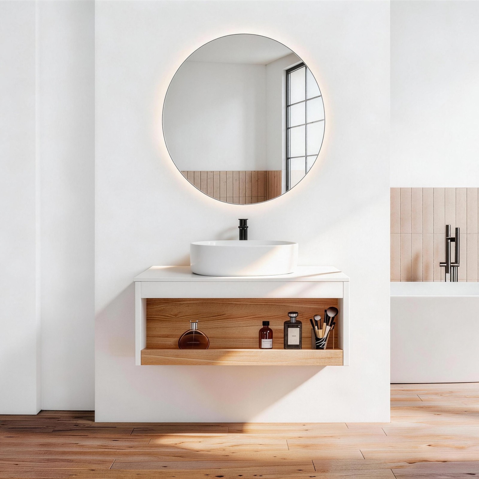 30″ Floating Bathroom Vanity with Glossy White Vessel Sink
