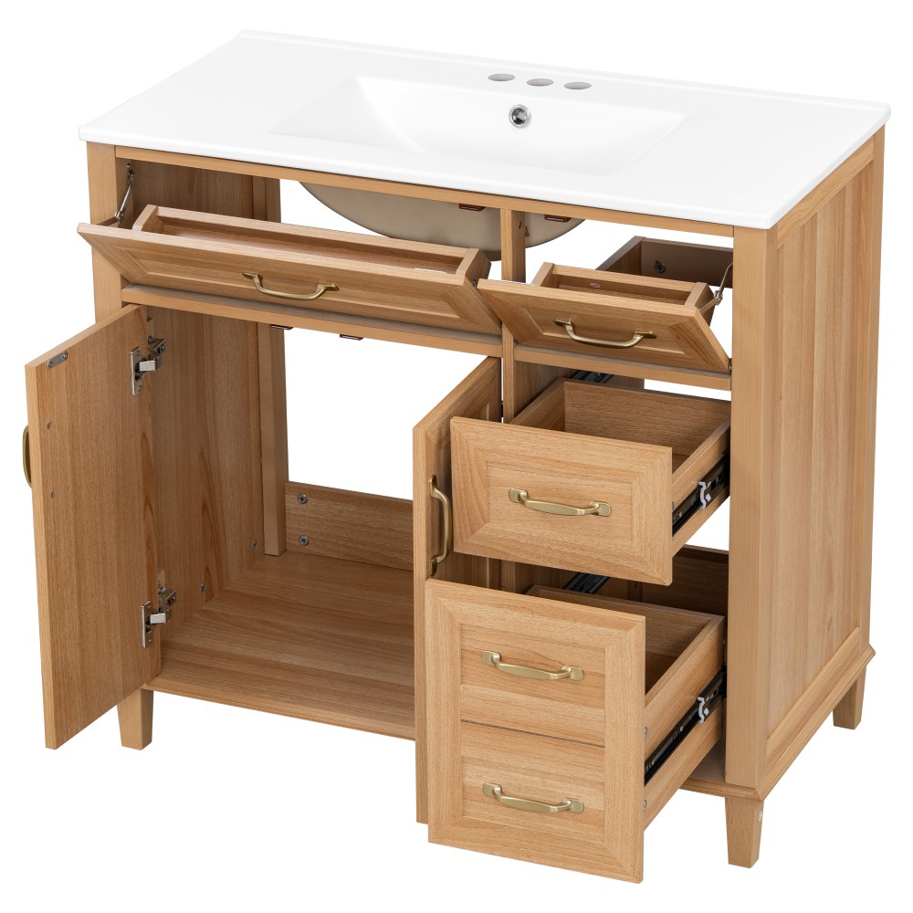 36″ Bathroom Vanity with Ceramic Sink, Modern Natural Wood Grain Vanity