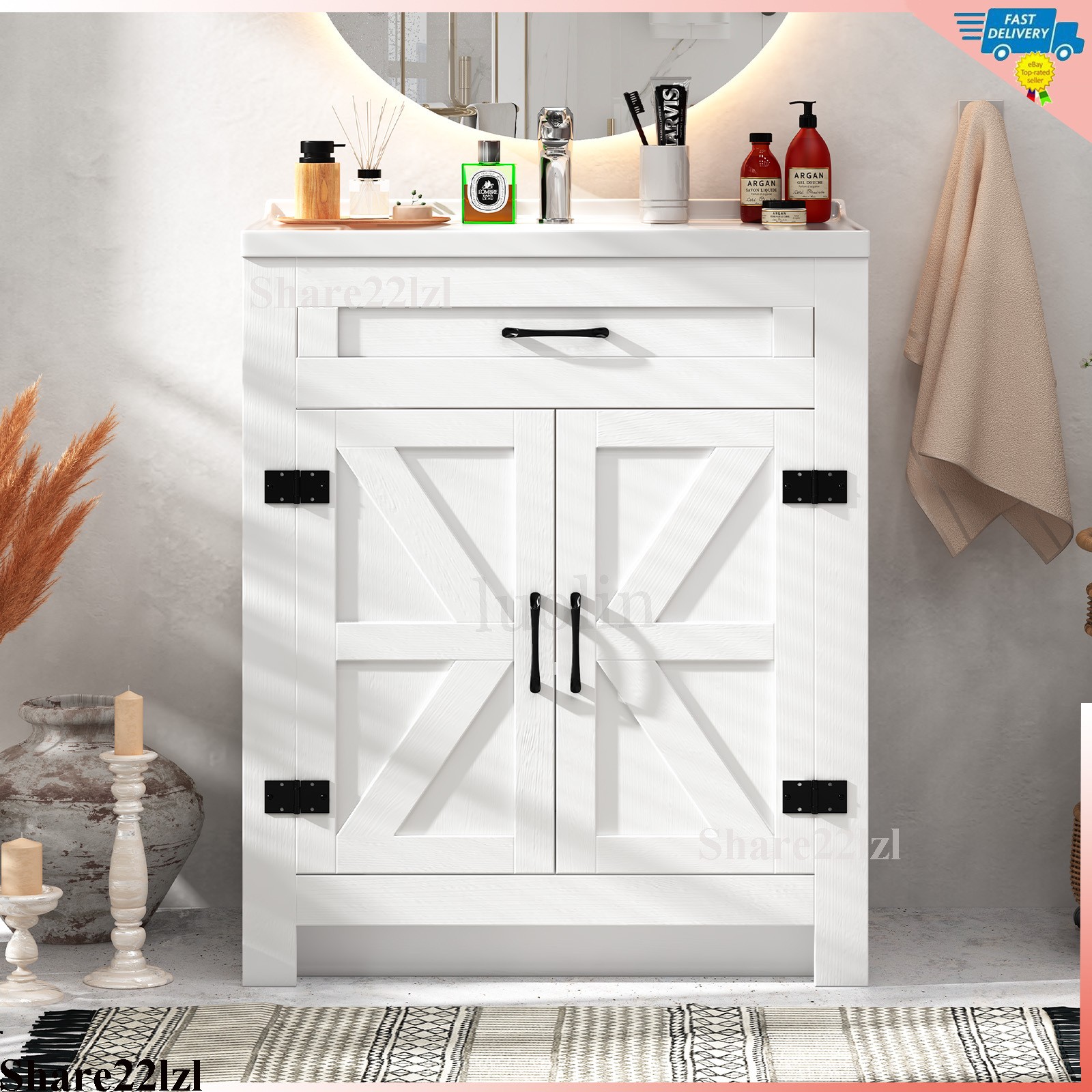 31″ Bathroom Vanity Single Cabinet White Freestanding Cabinets Storage WITH Sink