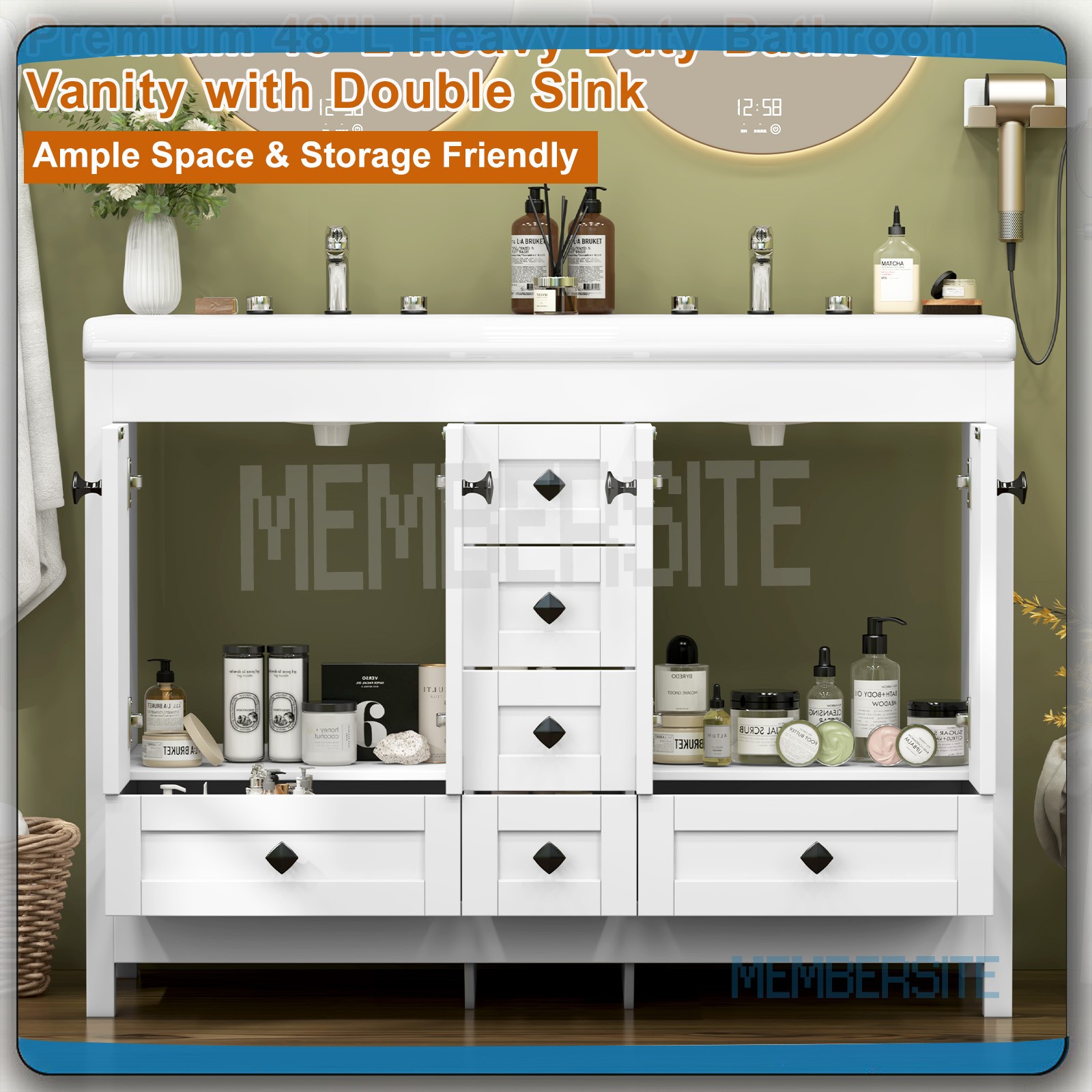 Bathroom Vanity 47.3″ Bathroom Sink Cabinet w/Soft Closing Doors 6 Drawers White