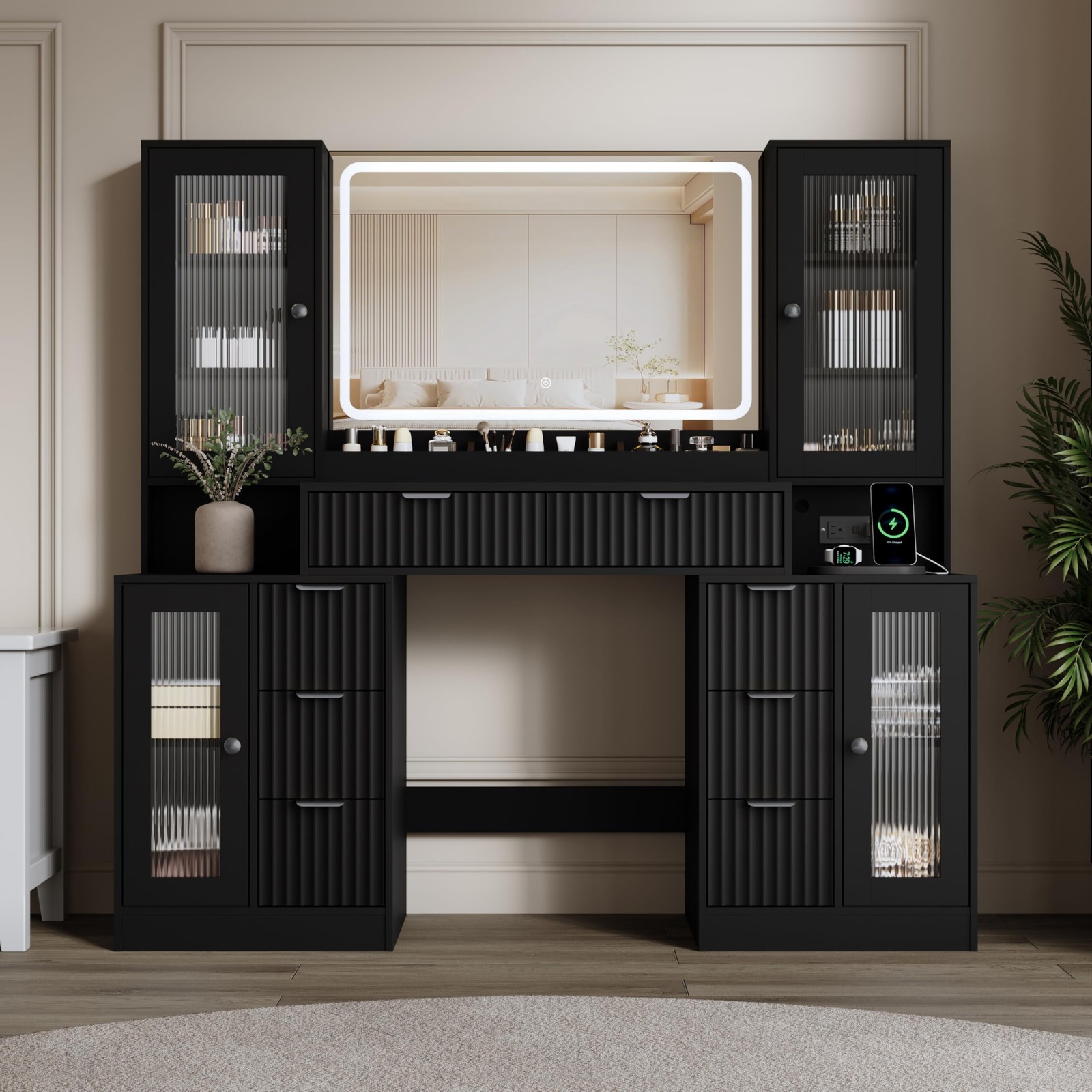 55 Vanity Desk with Mirror Lights 8 Drawers Tempered Glass RGB Charging Station