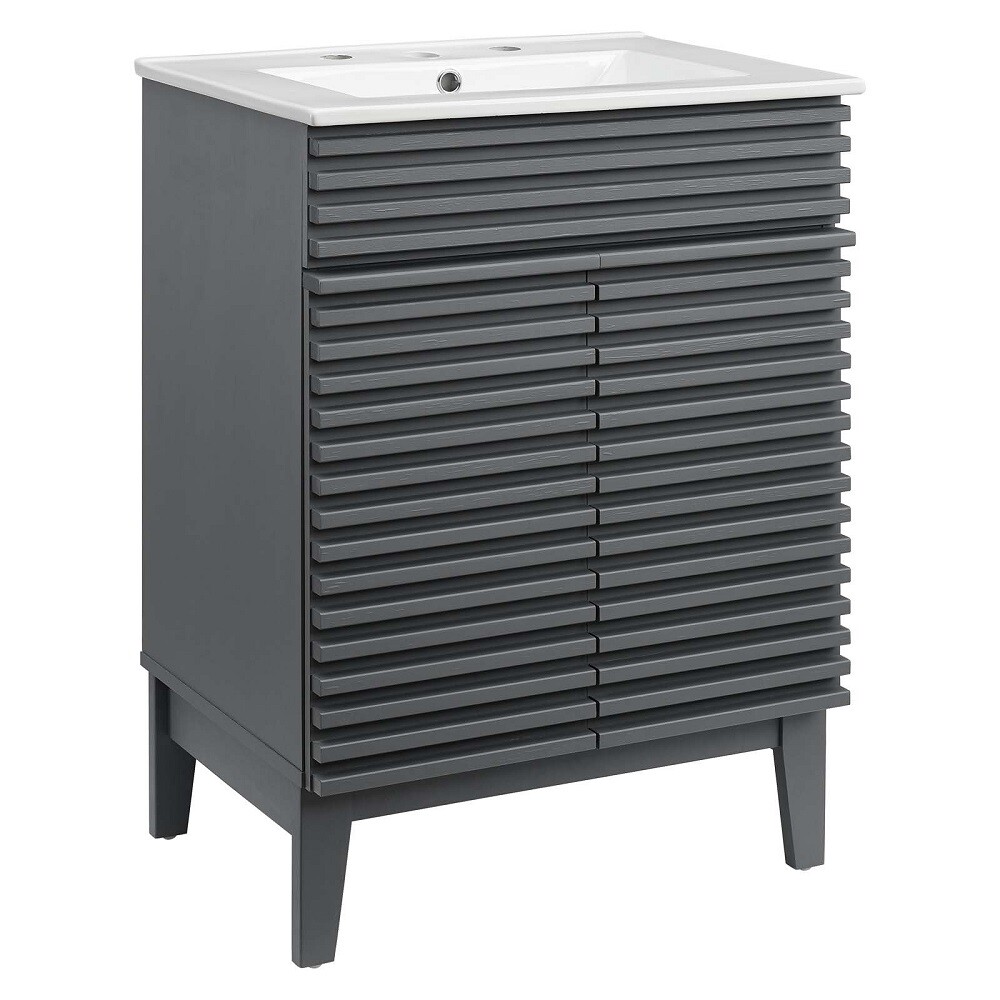Mid-Century Modern Bathroom Vanity Black, White, Gray, Oak Laminate Tapered Legs