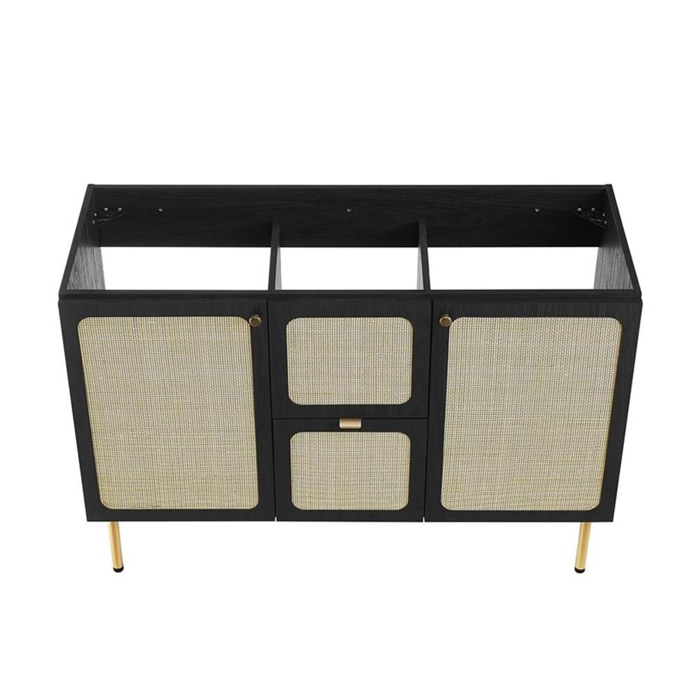 Pemberly Row 48″ Wood & Rattan Bathroom Vanity Cabinet in Black