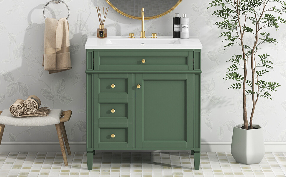 30” Bathroom Vanity with Top Ceramic Sink Modern Storage Cabinet with 2 Drawers