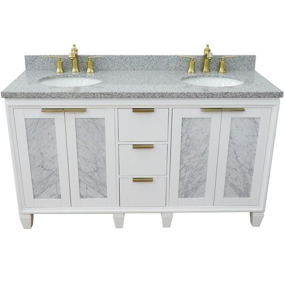 Trento 61″ Double Oval Sink Solid Wood Vanity in White/Gray Granite Stone