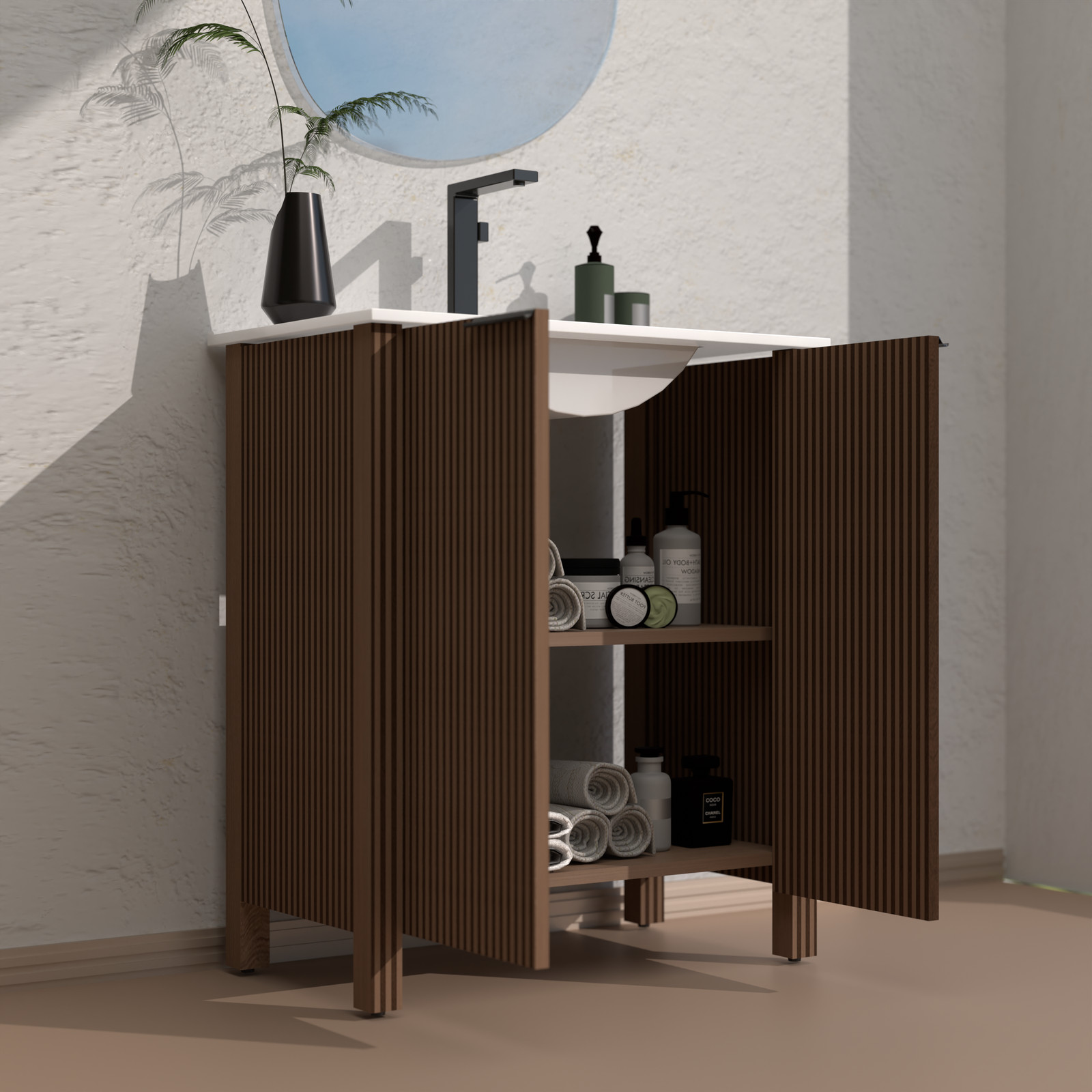 Bathroom Vanity Cabinet with White Ceramic Sink 30″ x 18.5″ x 34.5″ Brown