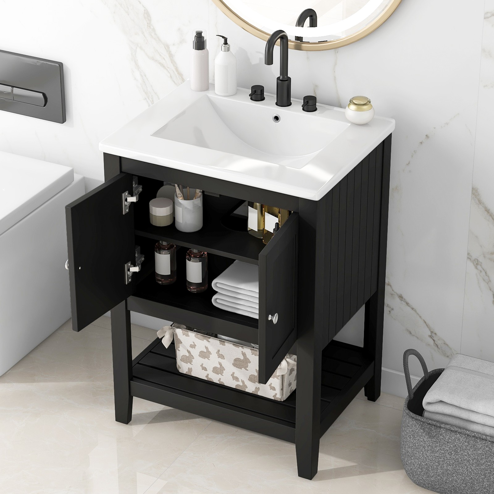 24″ Black Modern Bathroom Vanity with Ceramic Sink & Wood Frame
